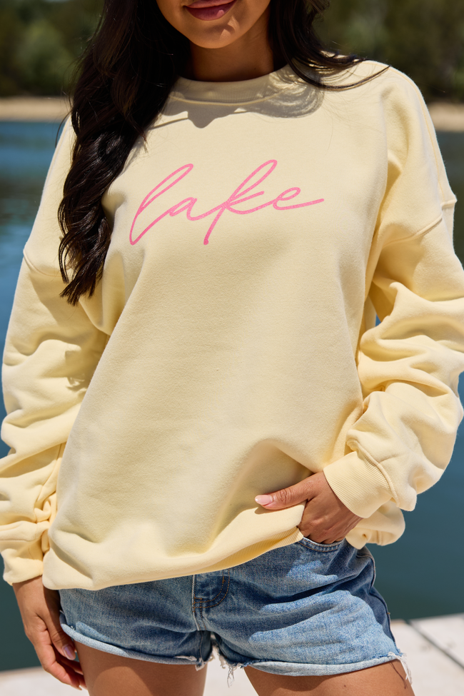 Lake Script Yellow Graphic Sweatshirt | Elegant Women's Fashion by coolavocek