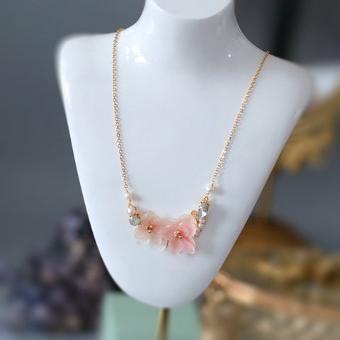 pink hydrangea flower gemstone necklace real flower jewelry