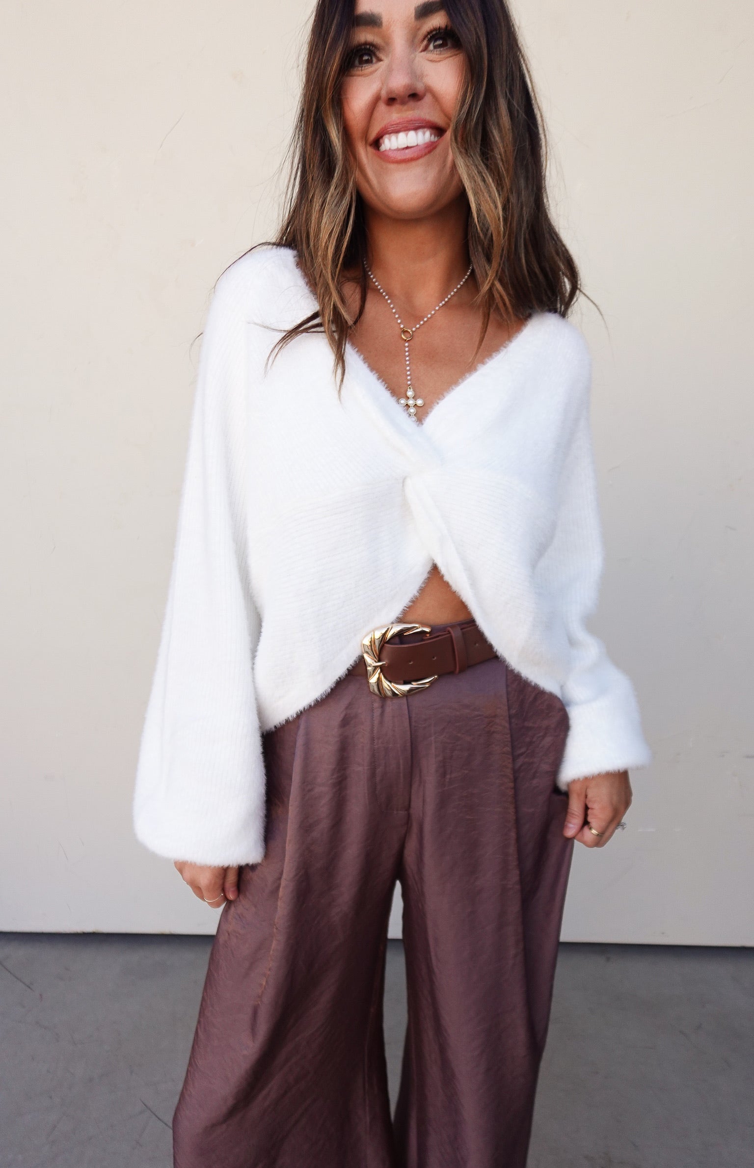 Off White Twist Front Sweater | Elegant Women's Fashion by coolavocek