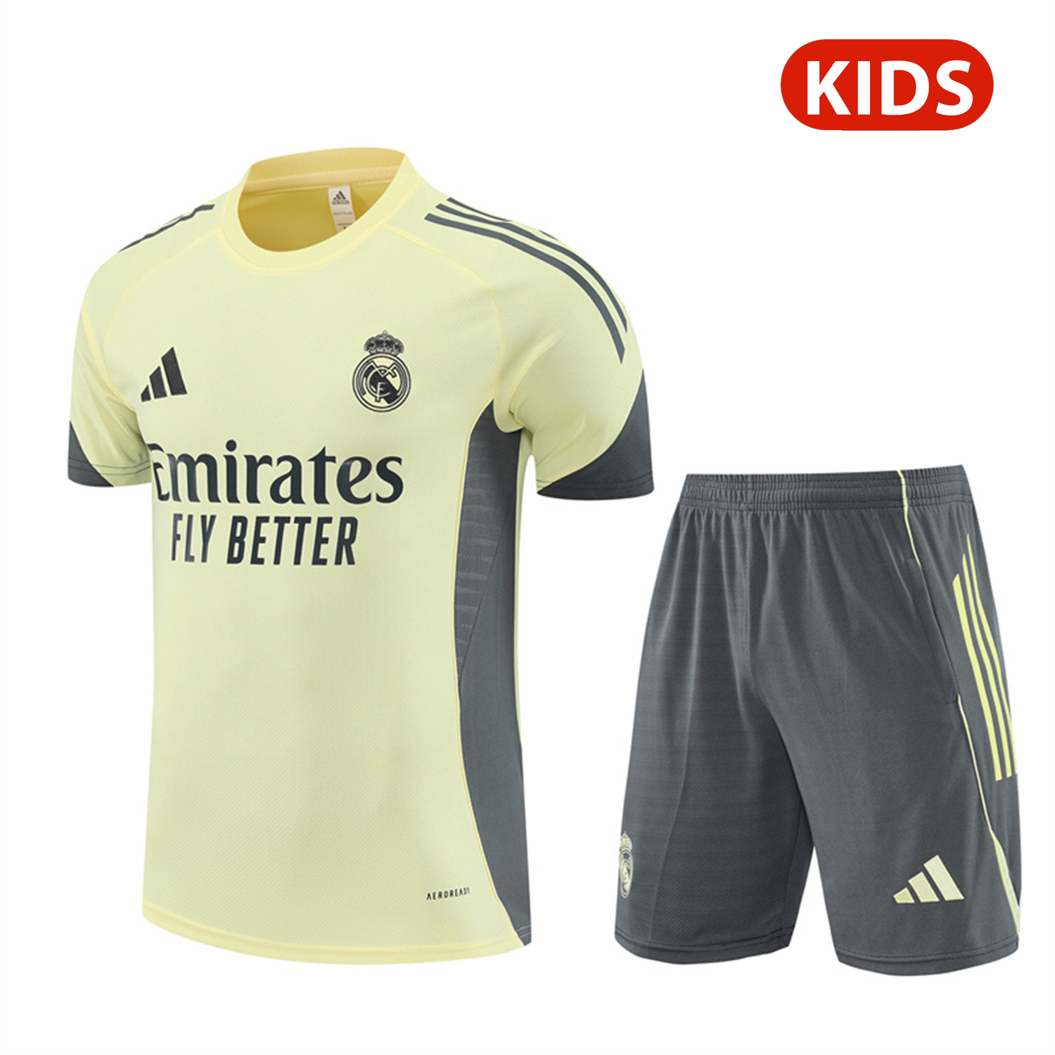 AlphaJersey-Real Madrid 25-26 Kids Short-Sleeve Training Set - Yellow Top and Grey Shorts