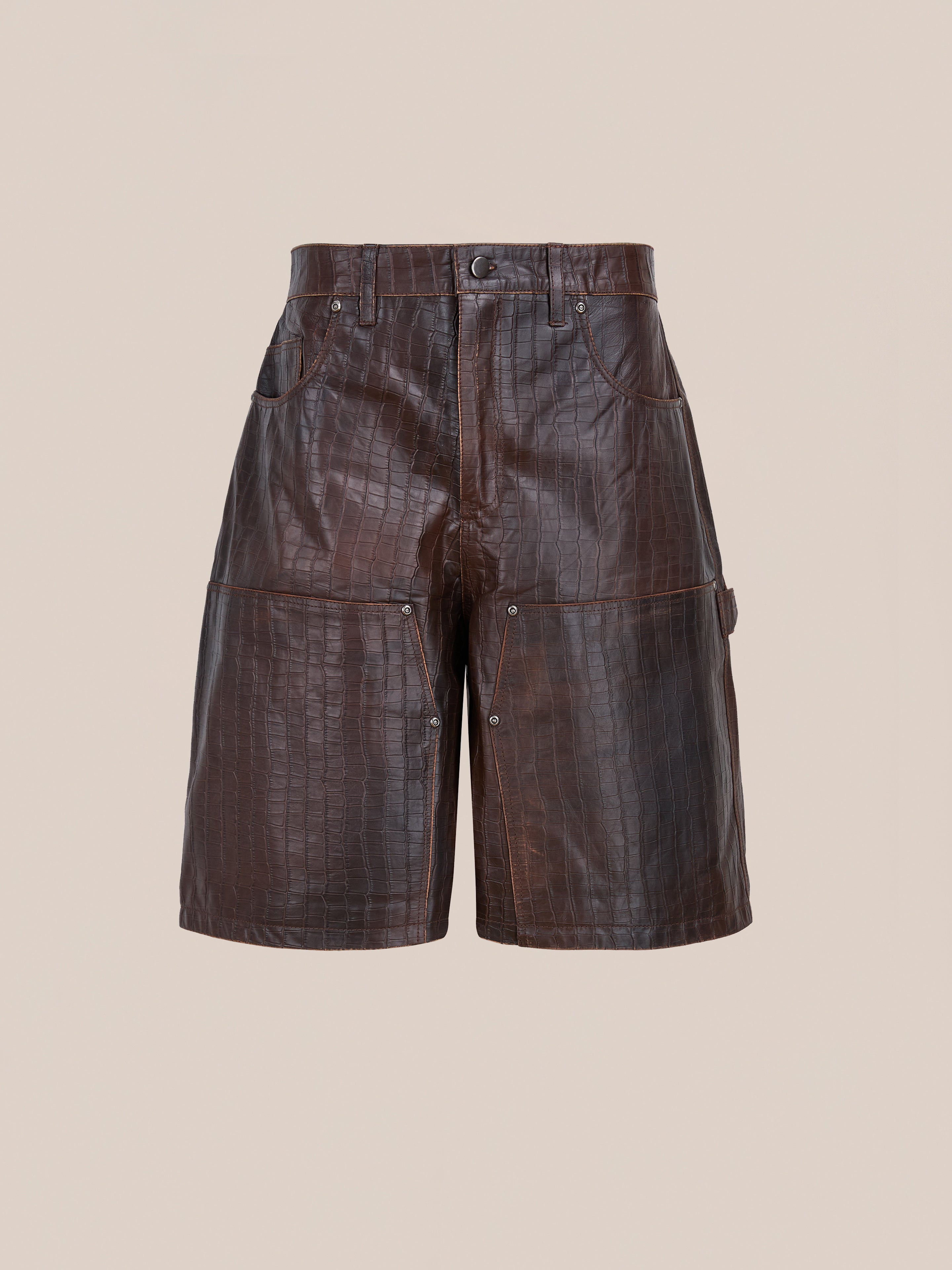 Distressed Croc Embossed Leather Shorts | Modern Menswear by yycbvcnbmmnbm