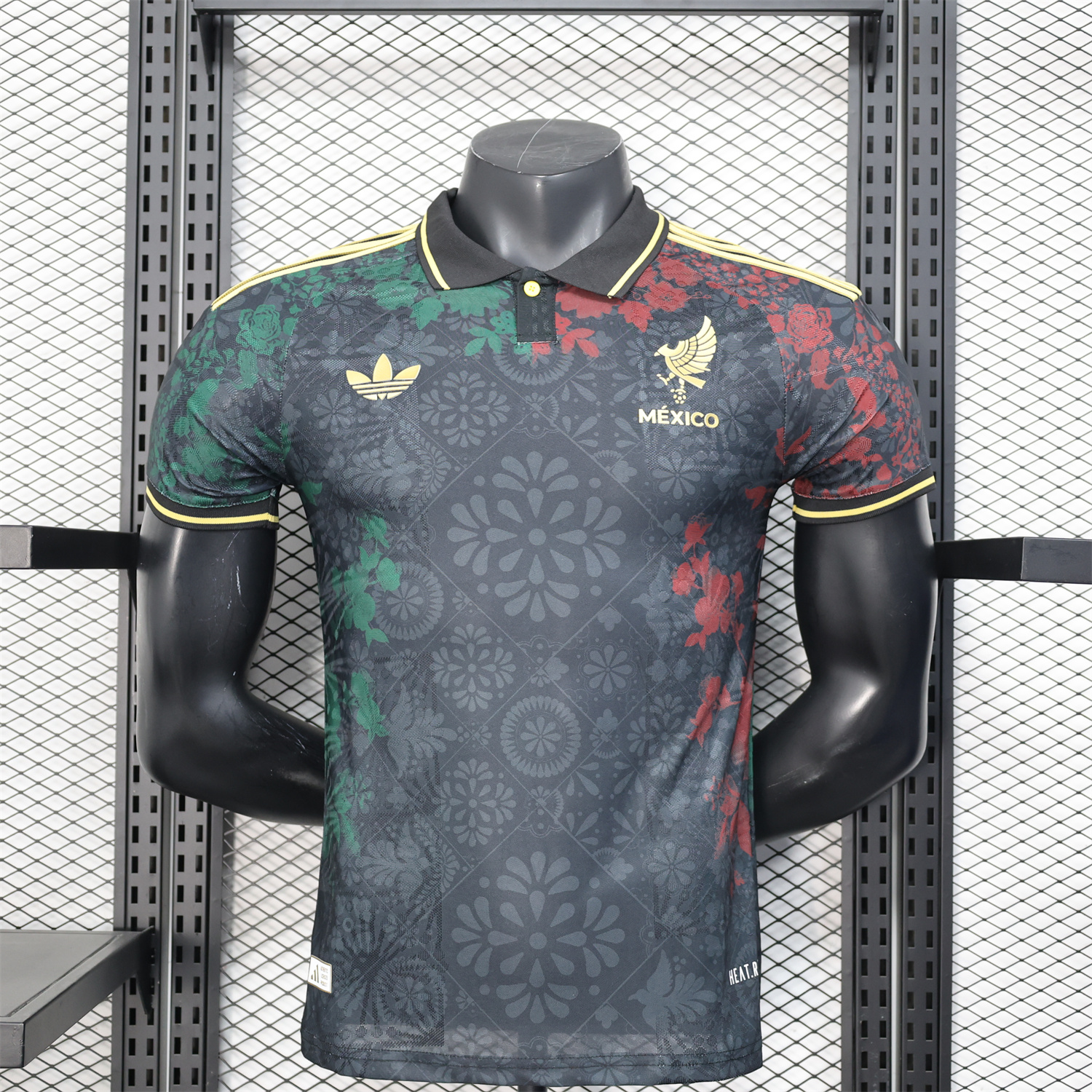 AlphaJersey-Mexico 25-26 Black Polo Jersey with Red and Green Floral Pattern - Player Version