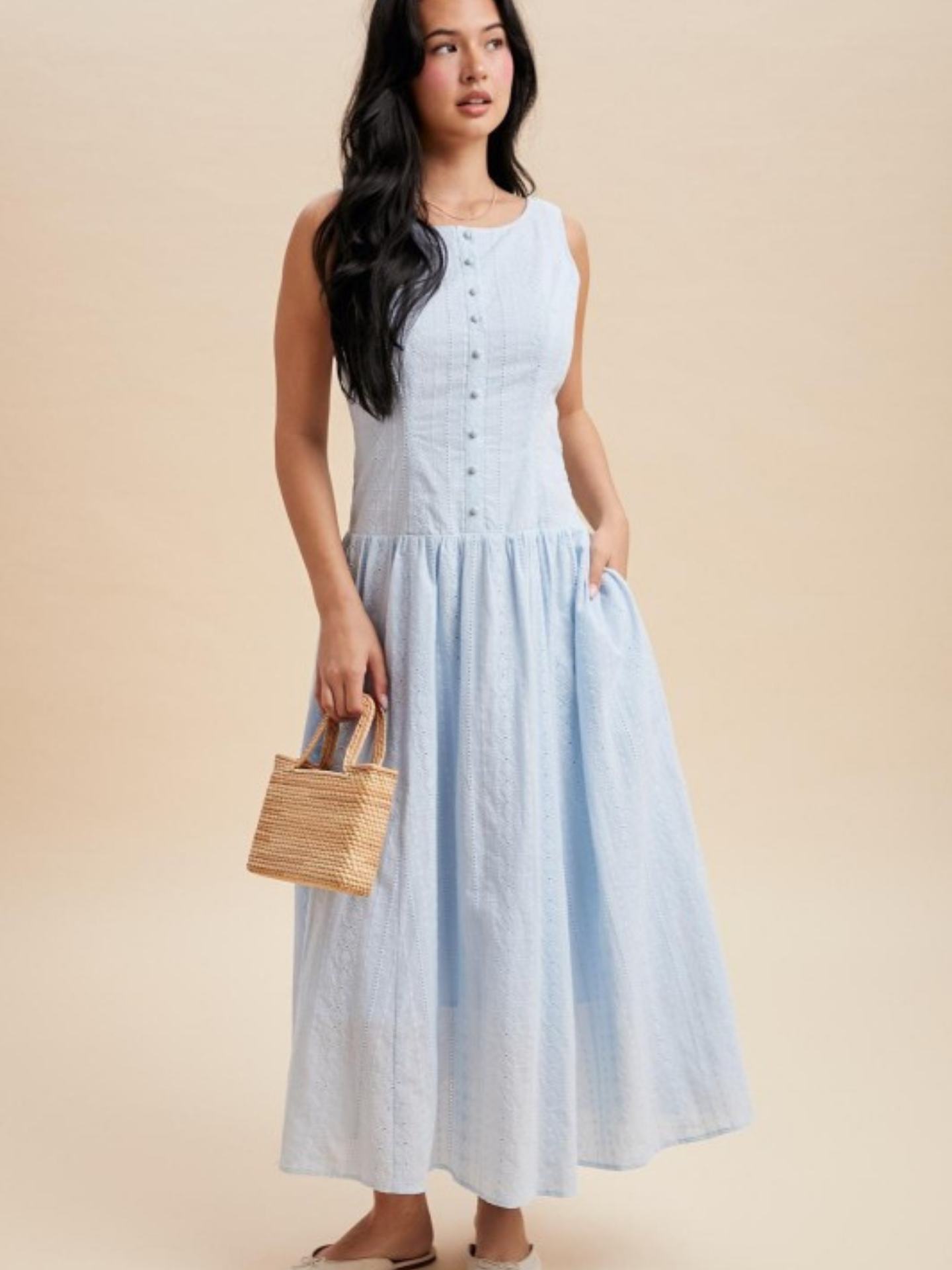 Blue Eyelet Drop Waist Maxi Dress | Elegant Women's Fashion by coolavocek