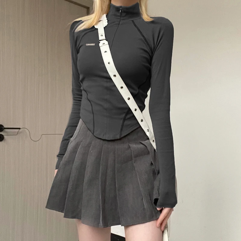 CIBBAR Techwear Fall Zip Up Long Sleeve Crop Top Women Casual Striped Print Skinny T Shirt y2k Vintage Grey Tees 2000s Harajuku