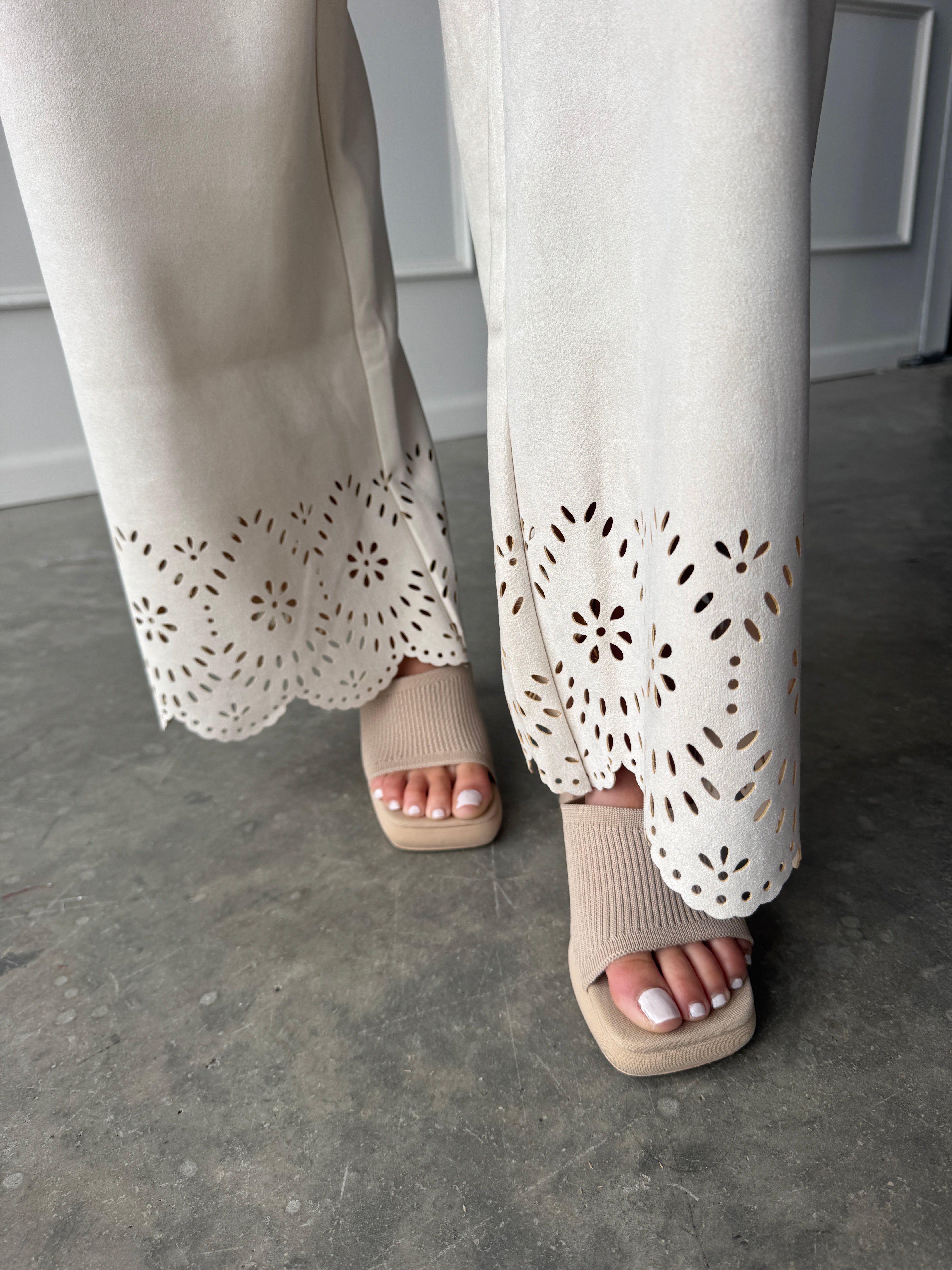 Bone Suede Pant with Eyelet Detail | Elegant Women's Fashion by coolavocek