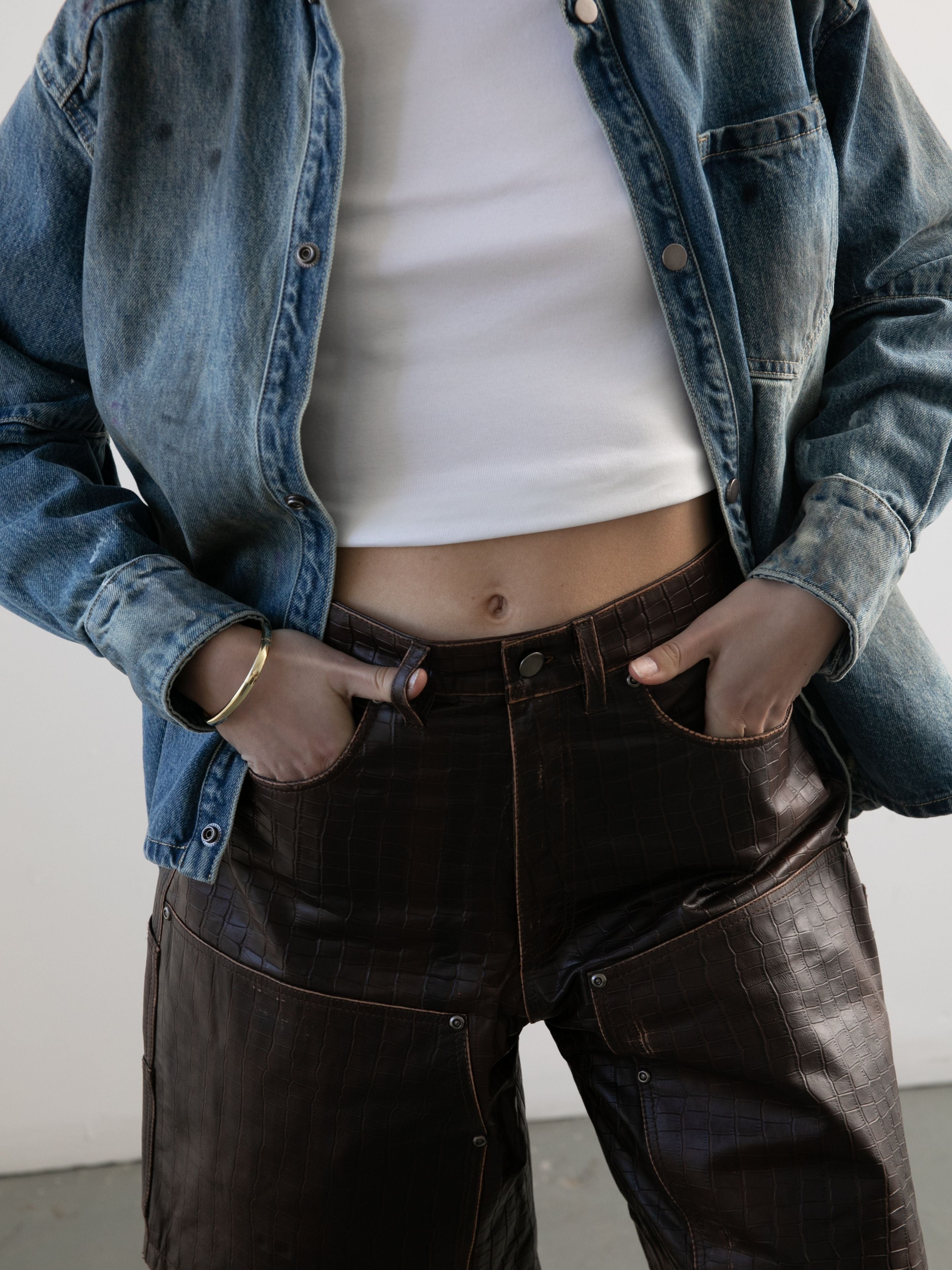 Distressed Croc Embossed Leather Shorts | Modern Menswear by yycbvcnbmmnbm
