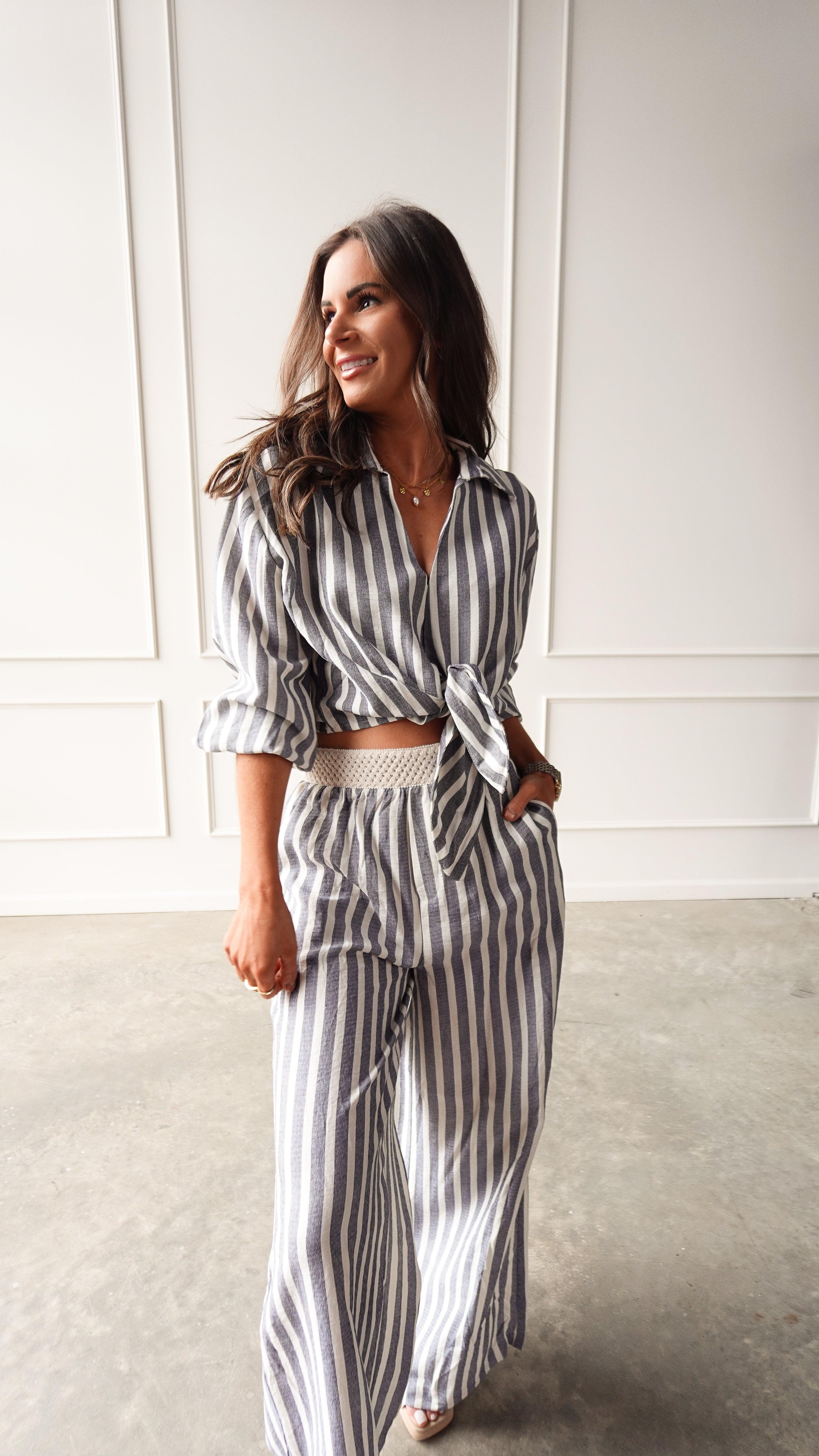 Chambray Striped Elastic Waist Pant | Elegant Women's Fashion by coolavocek