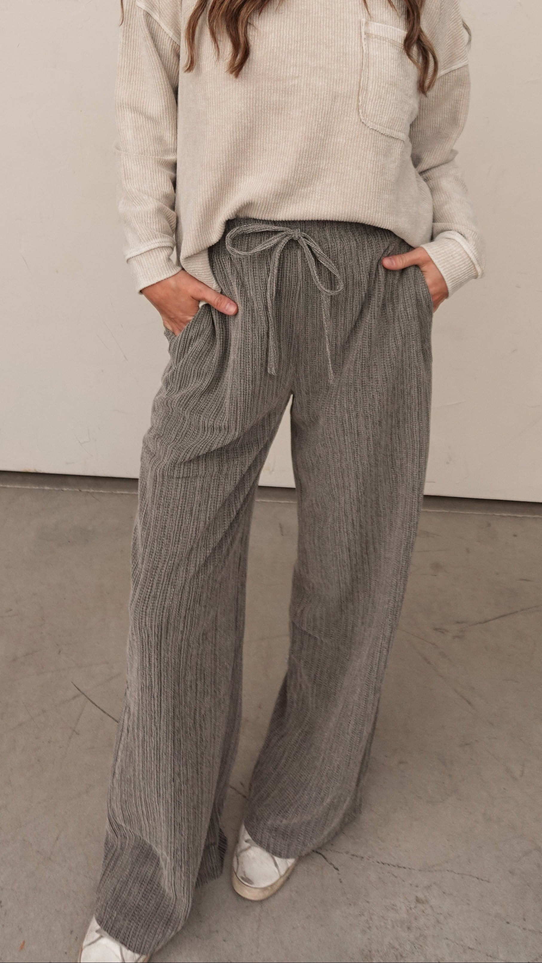 Taupe Textured Knit Drawstring Pant | Elegant Women's Fashion by coolavocek