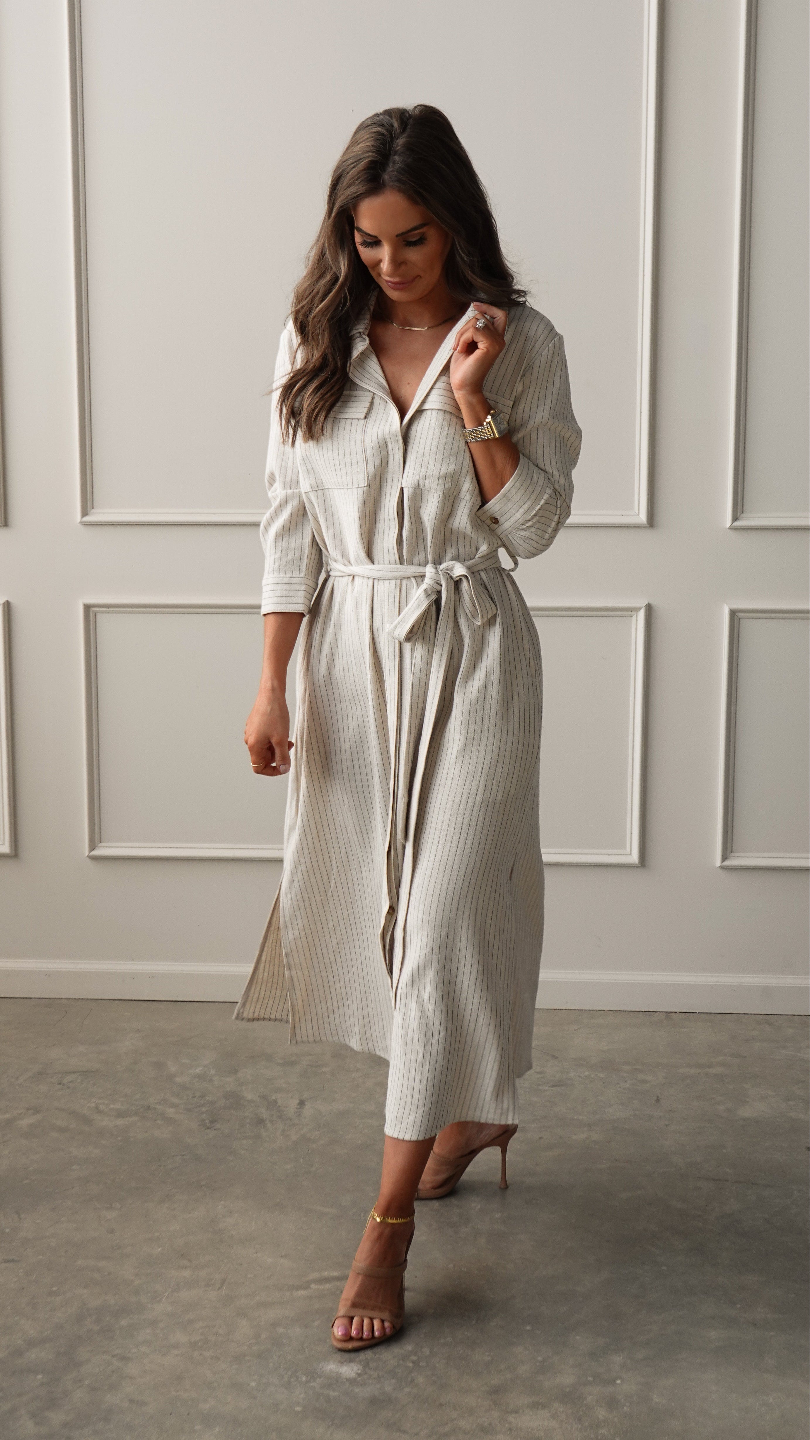 Pinstripe Woven Shirt Dress | Elegant Women's Fashion by coolavocek