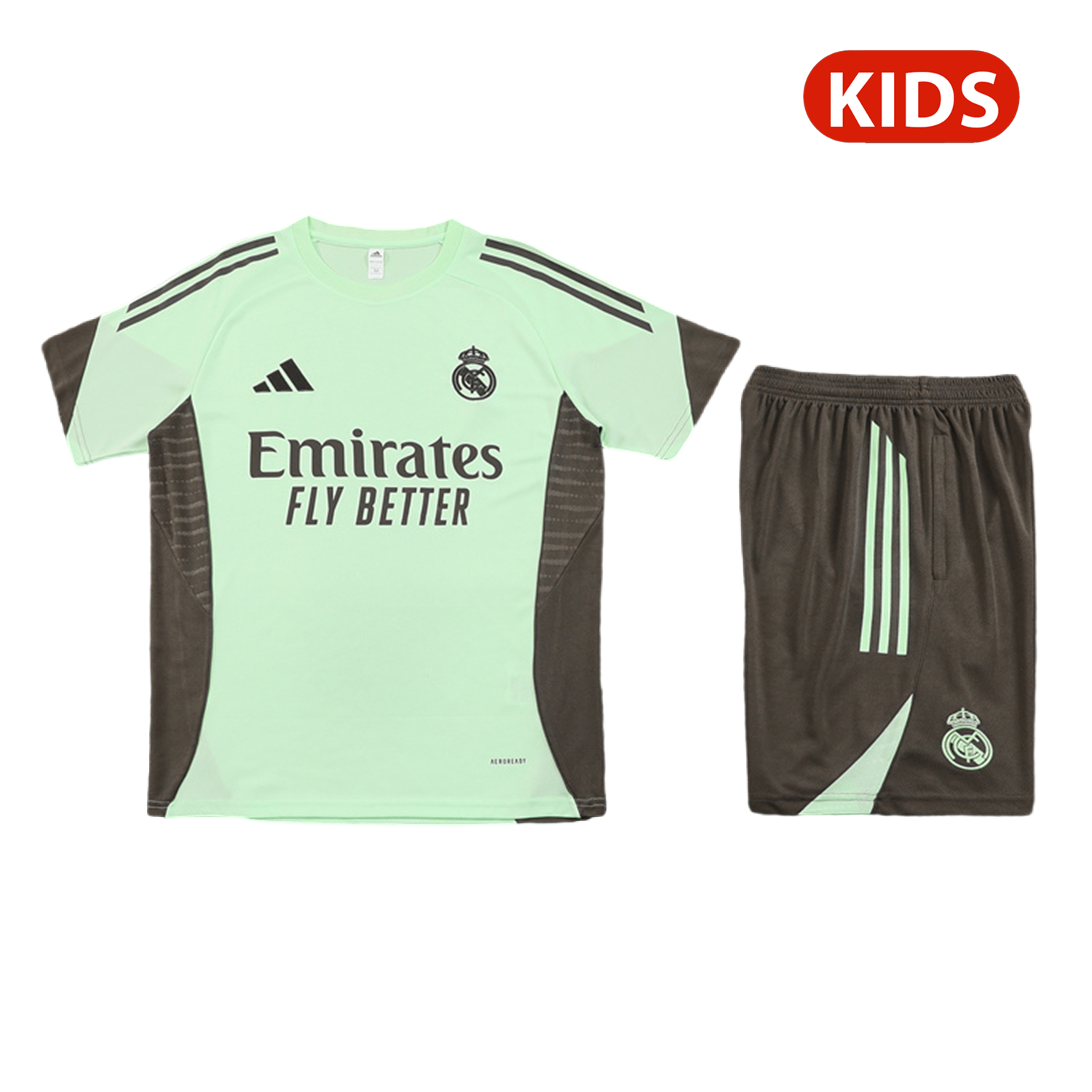 AlphaJersey-Real Madrid 25-26 Kids Short-Sleeve Training Set - Light Green Top and Dark Khaki Shorts