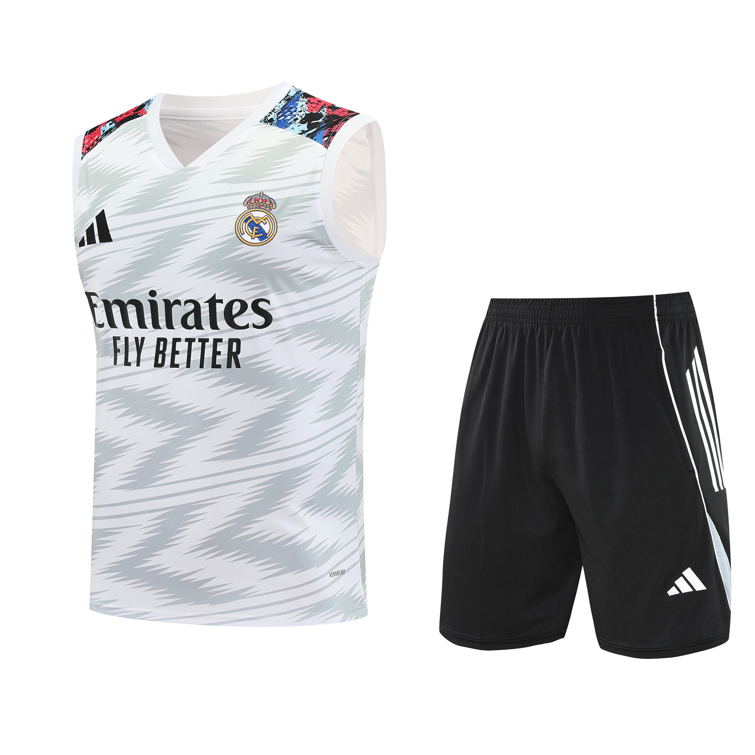 AlphaJersey-Real Madrid 25-26 Vest Training Set - Grey Arrow Pattern Vest & Black Shorts