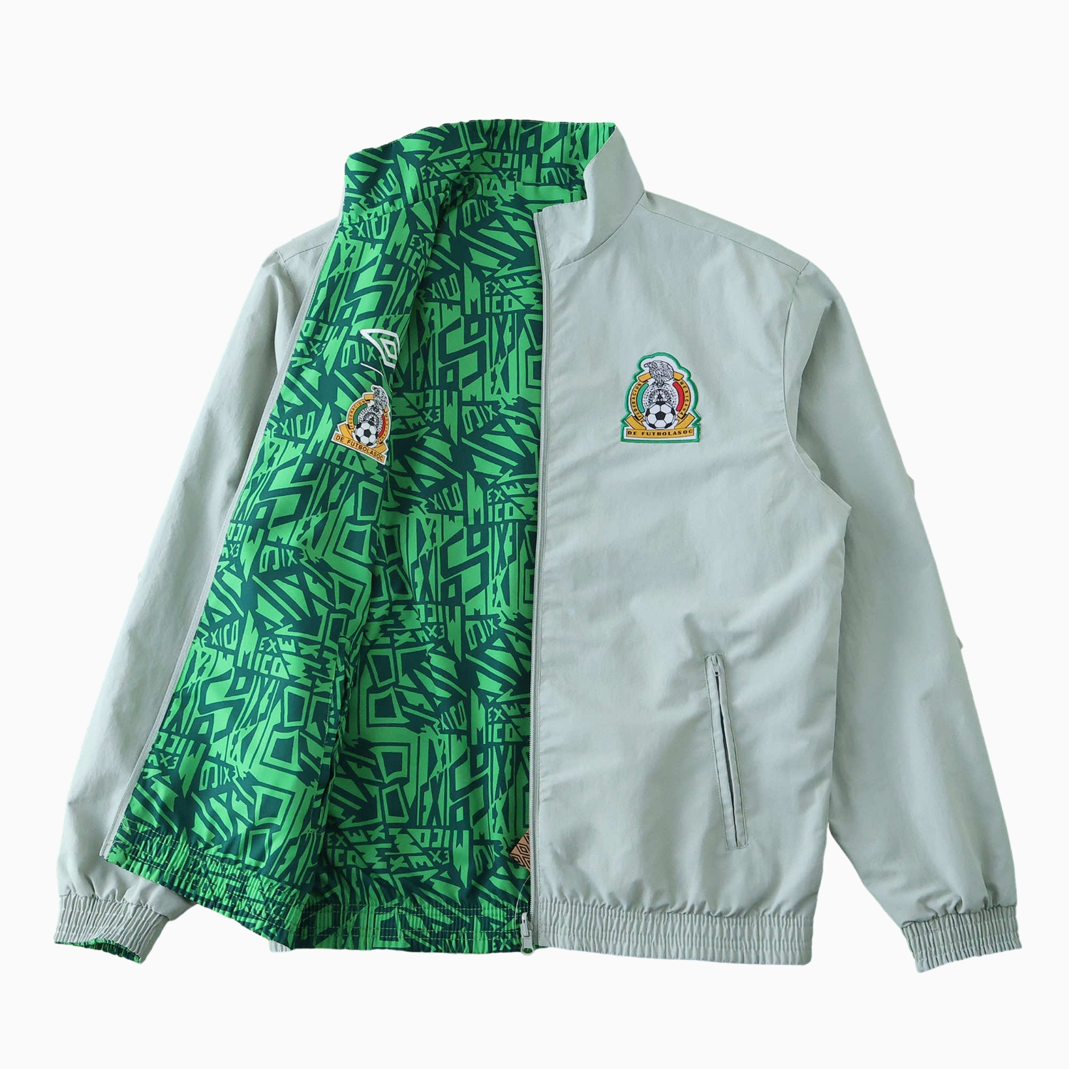 AlphaJersey-Retro Mexico 1994 Retro Style Double Sided Reversible Windbreaker - Green & Grey
