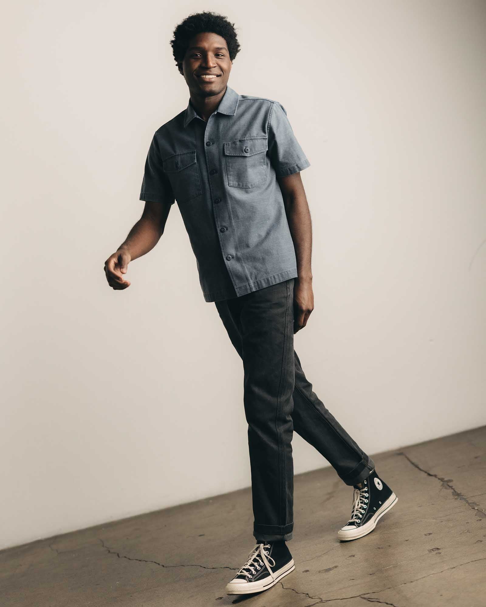 The Short Sleeve Surplus Shirt in Navy Reverse Sateen | Modern Menswear by yycbvcnbmmnbm