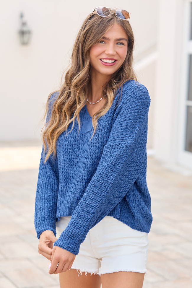Mckenzie Blue Open Knit V-Neck Sweater | Elegant Women's Fashion by coolavocek