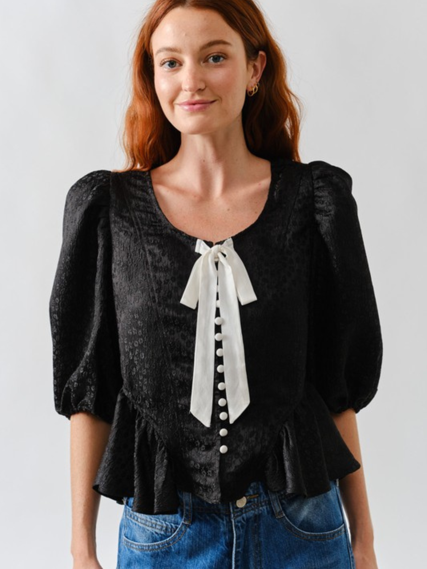Puff Bow Button Top | Elegant Women's Fashion by coolavocek