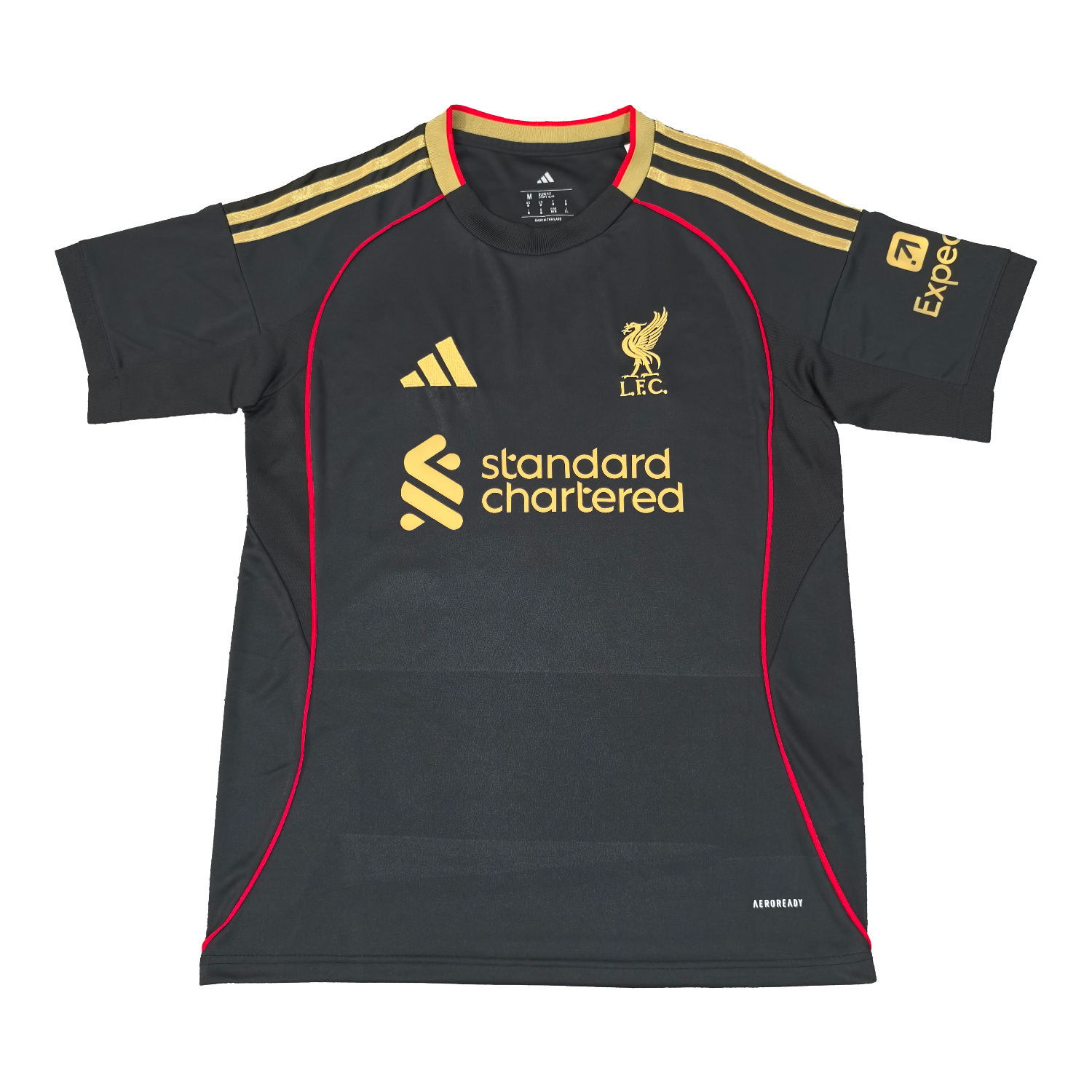 AlphaJersey-Liver.pool 25-26 Black Gold Special Jersey with Red Lines - Fans Version