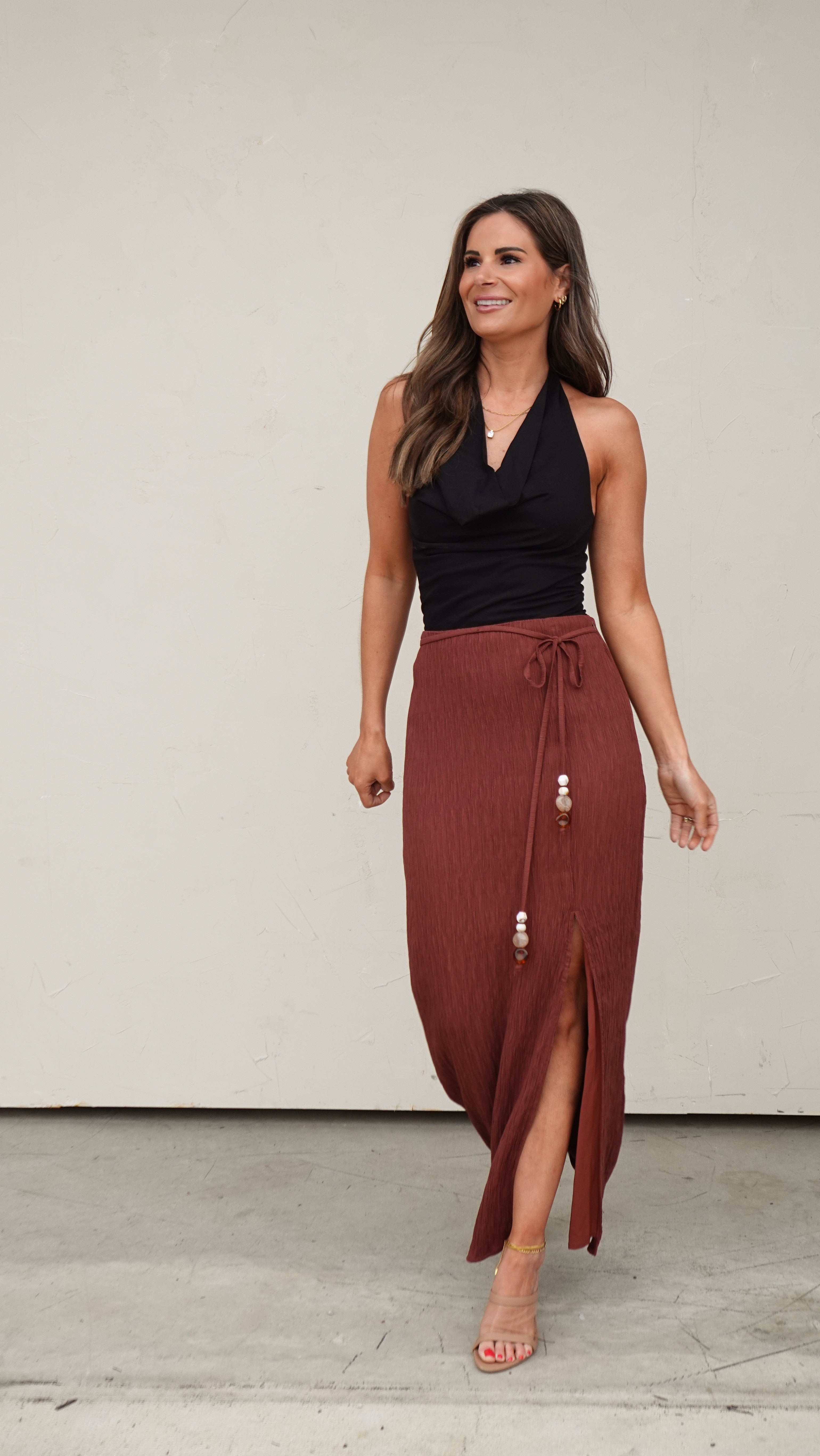 Brown Textured Midi Skirt with Beading | Elegant Women's Fashion by coolavocek