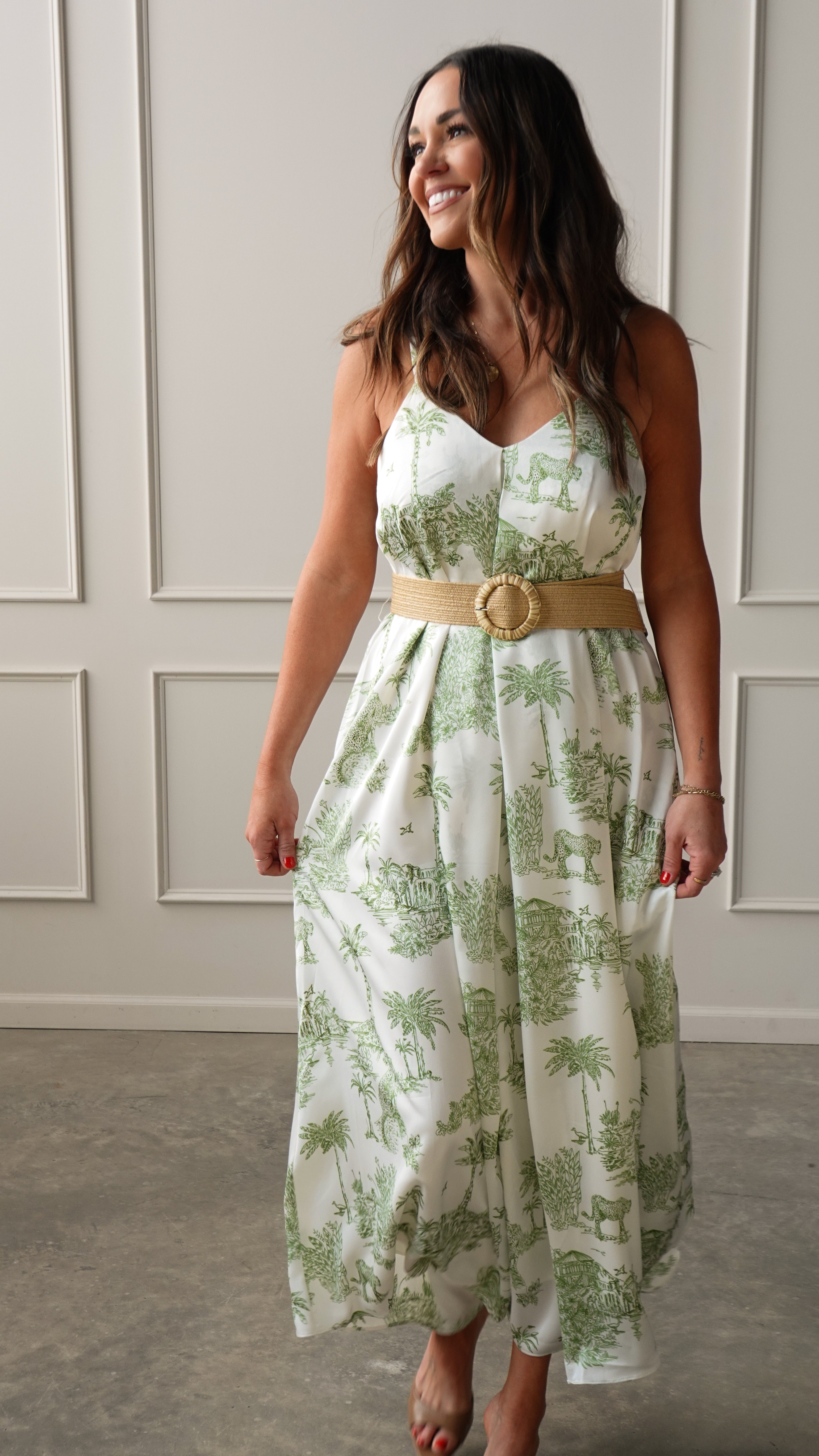 Palm Green Belted Dress | Elegant Women's Fashion by coolavocek