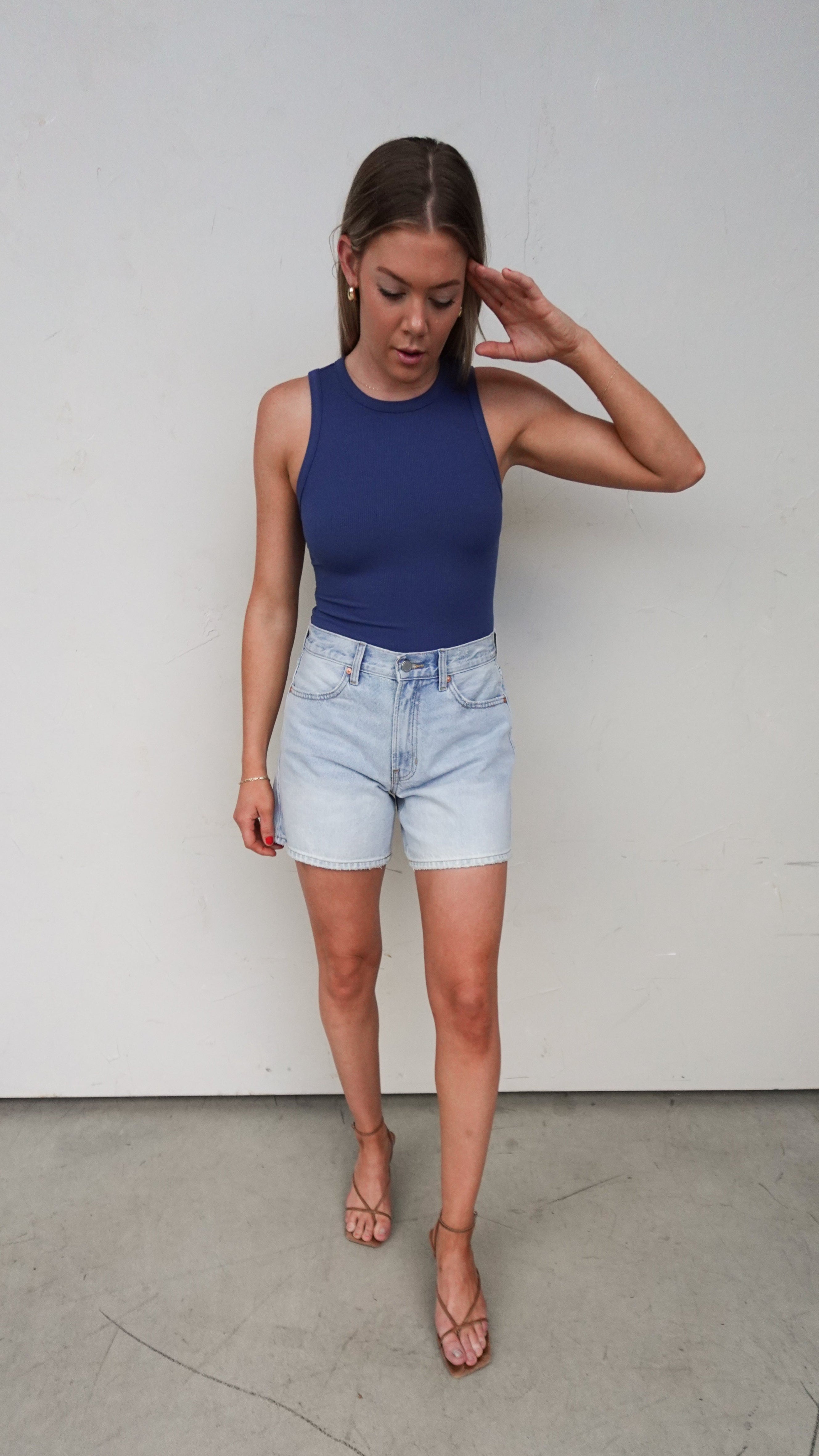 Blue Ribbed High-Neck Bodysuit | Elegant Women's Fashion by coolavocek