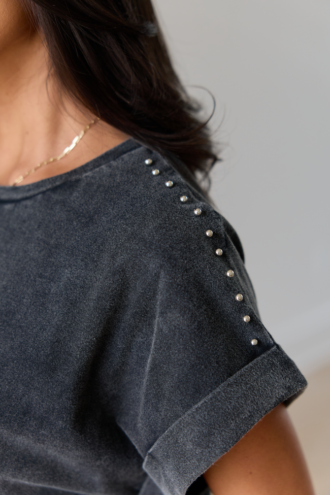 Kamryn Black Studded Acid Wash Tee | Elegant Women's Fashion by coolavocek