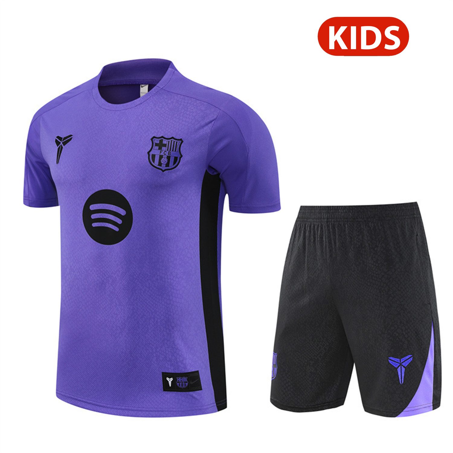 AlphaJersey-Barcelona 25-26 X KB Kids Short-Sleeve Training Set - Purple Top & Black Shorts