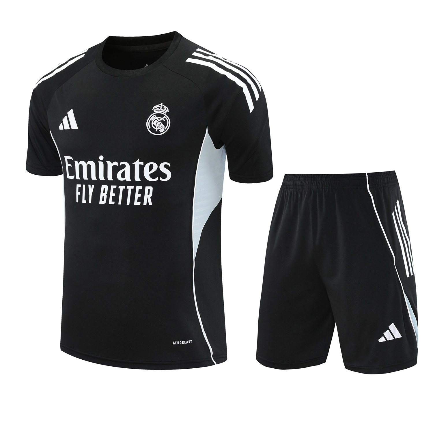 AlphaJersey-Real Madrid 25-26 Short-Sleeve Training Set - Light Grey Stripes Black Top & Black Shorts
