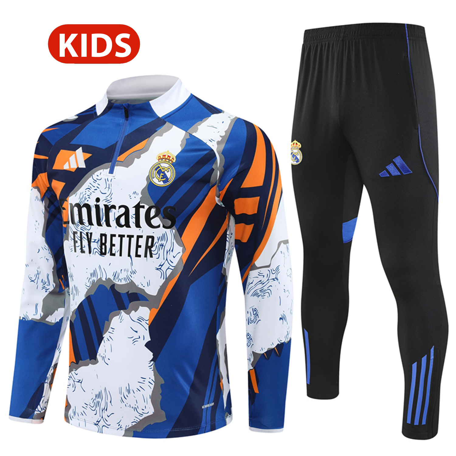 AlphaJersey-Real Madrid 25-26 Kids Long Sleeve Training Set - Yellow, White and Blue Camouflage Top and Black Pants