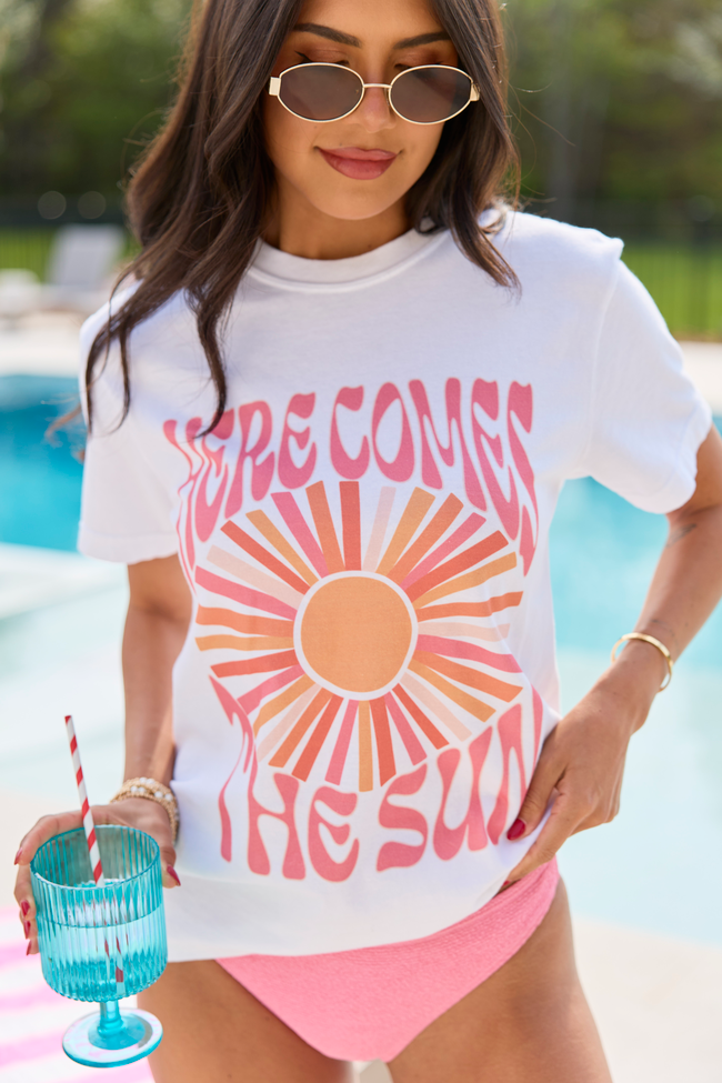 Here Comes The Sun Burst White Graphic Tee | Elegant Women's Fashion by coolavocek