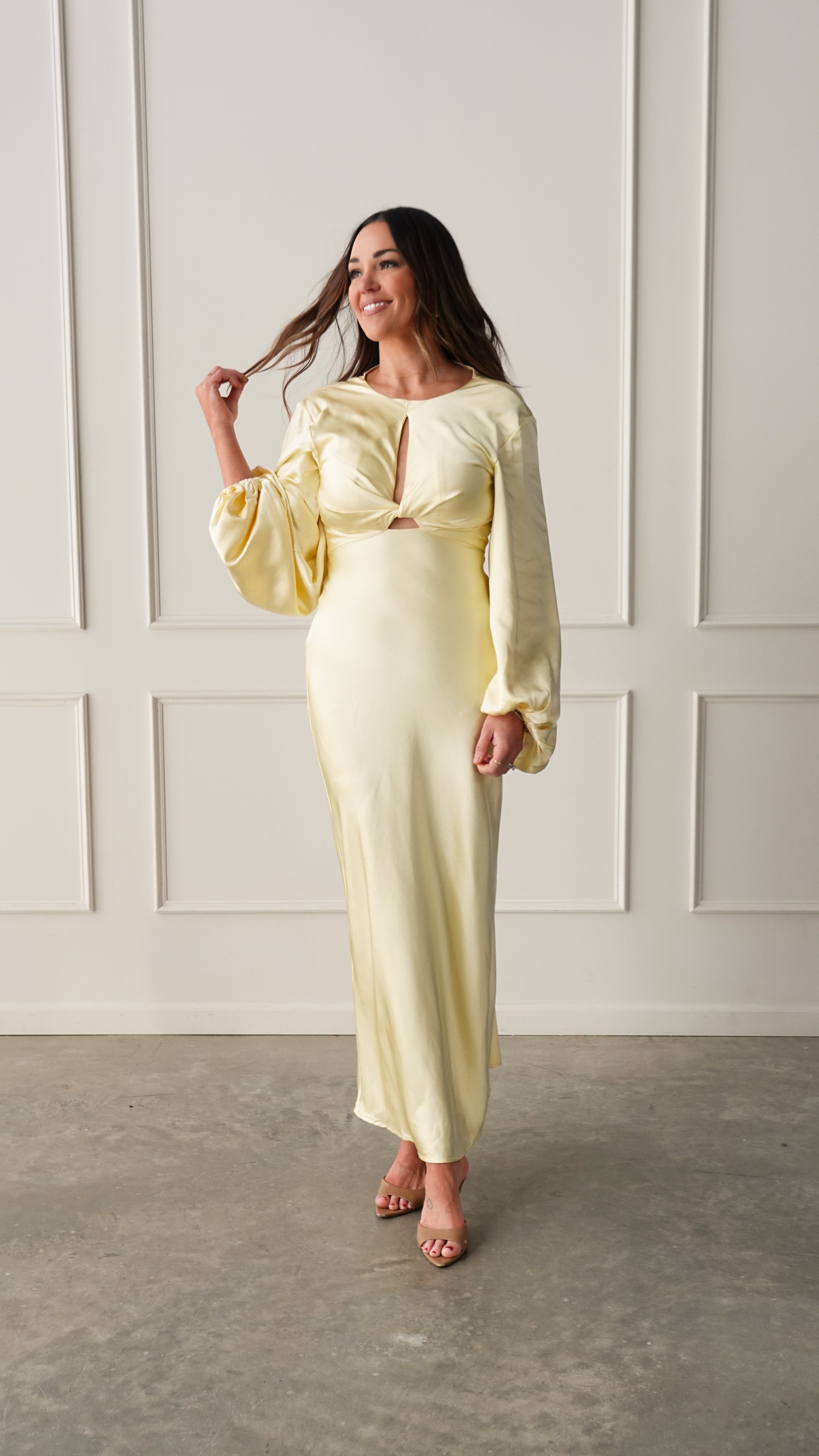 Yellow Long Sleeve Satin Dress | Elegant Women's Fashion by coolavocek