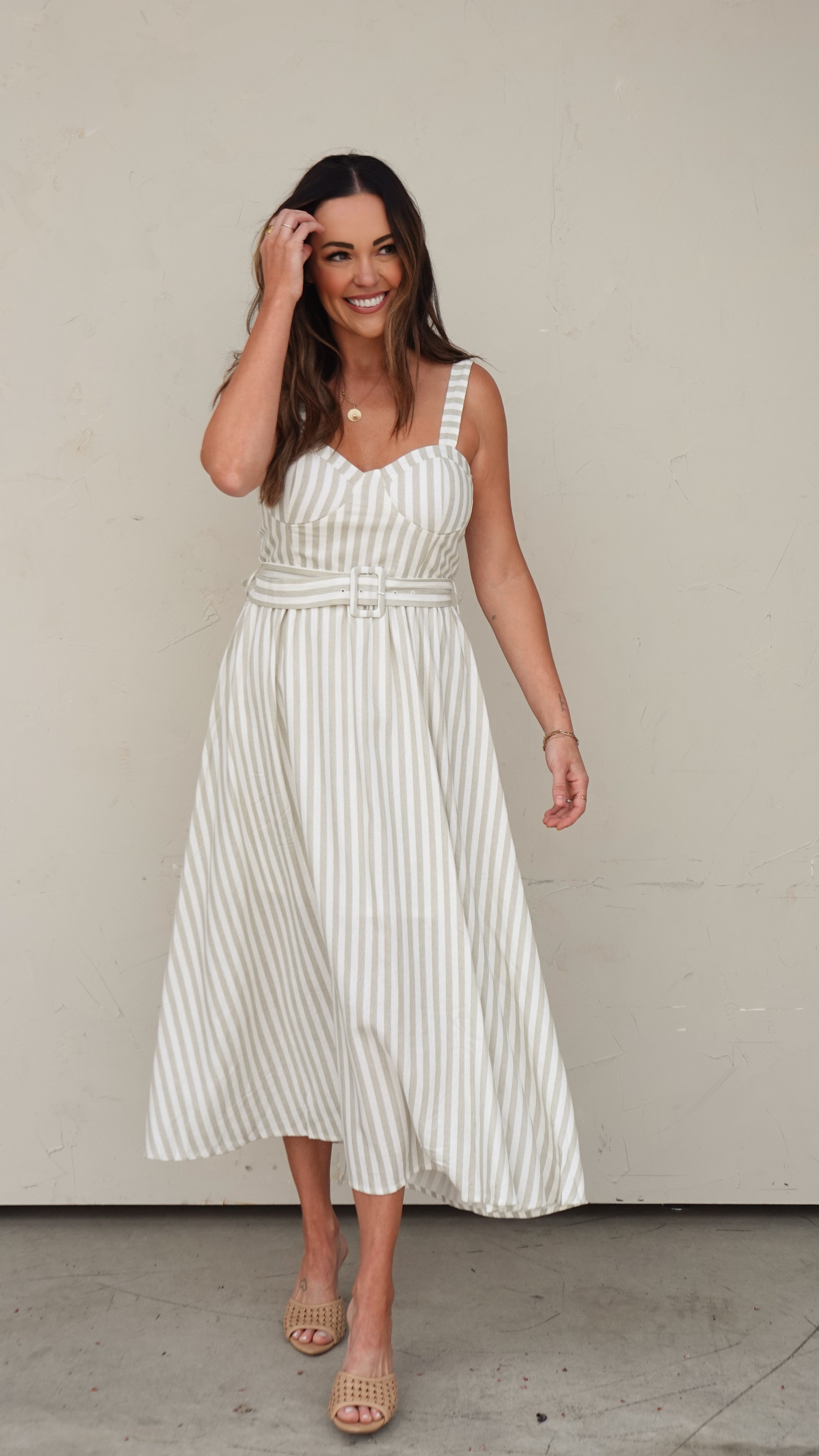 Green Stripe Belted Midi Dress | Elegant Women's Fashion by coolavocek