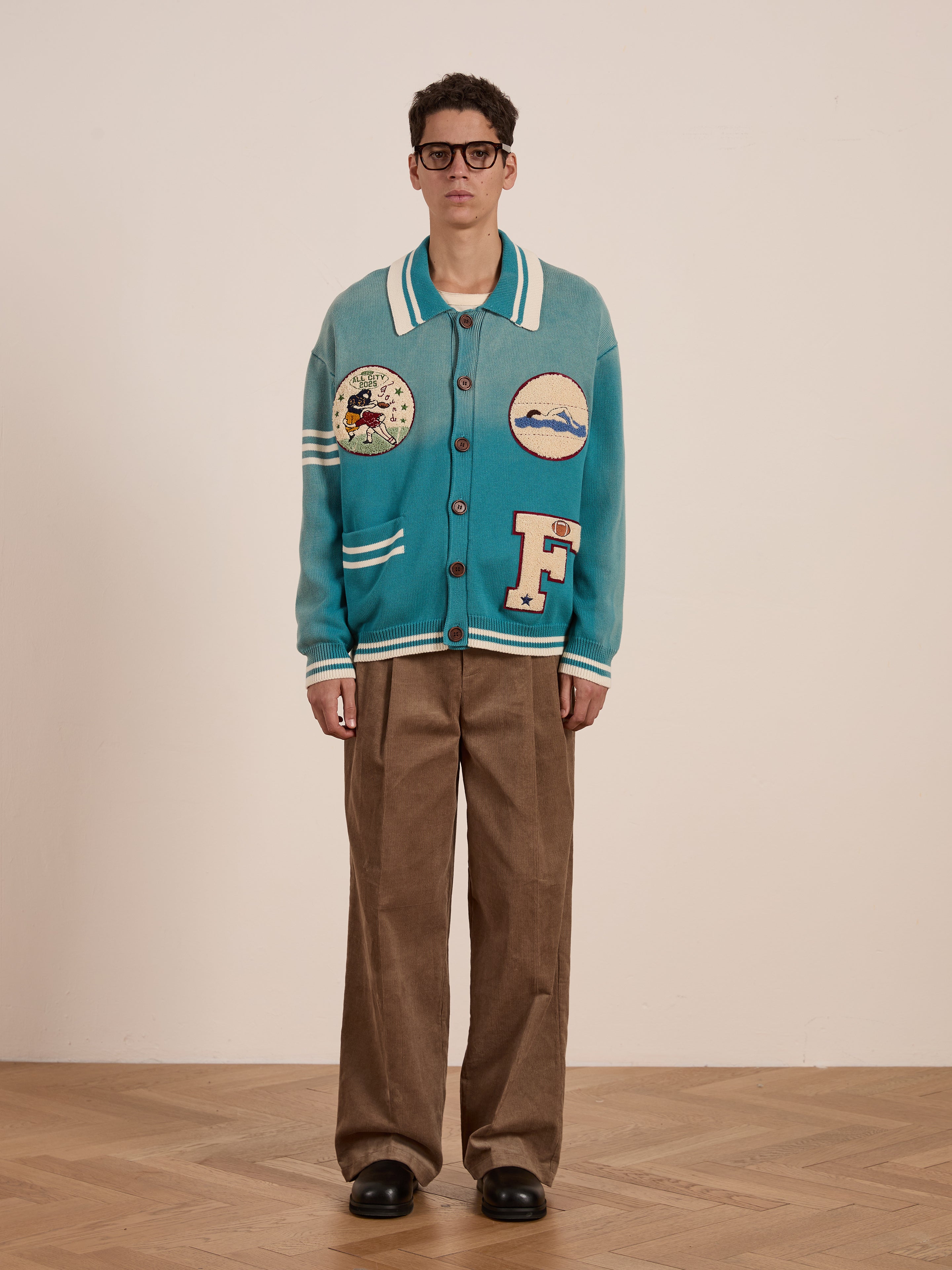 Fin Varsity Patch Collared Cardigan | Modern Menswear by yycbvcnbmmnbm