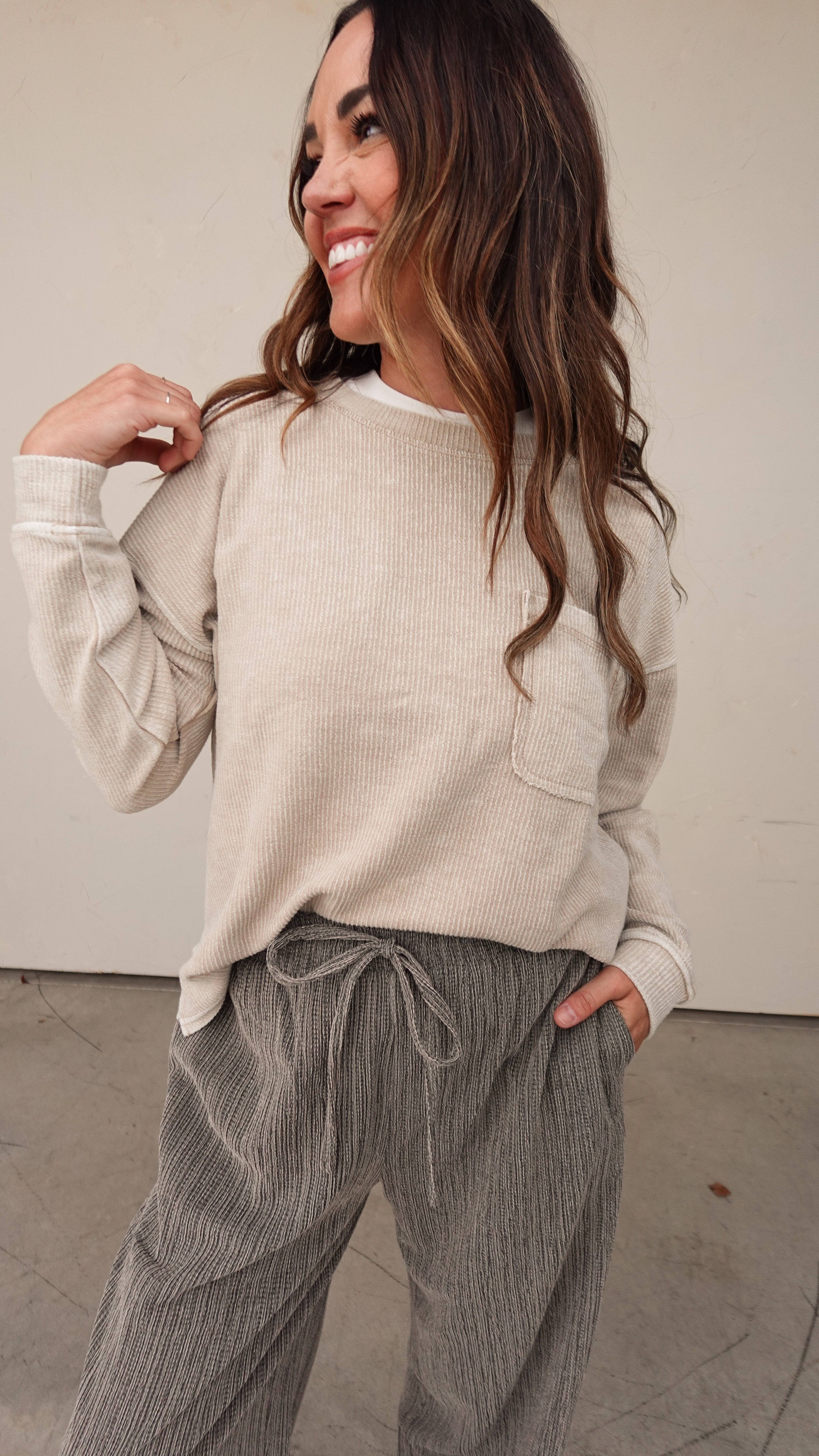 Taupe Textured Knit Drawstring Pant | Elegant Women's Fashion by coolavocek