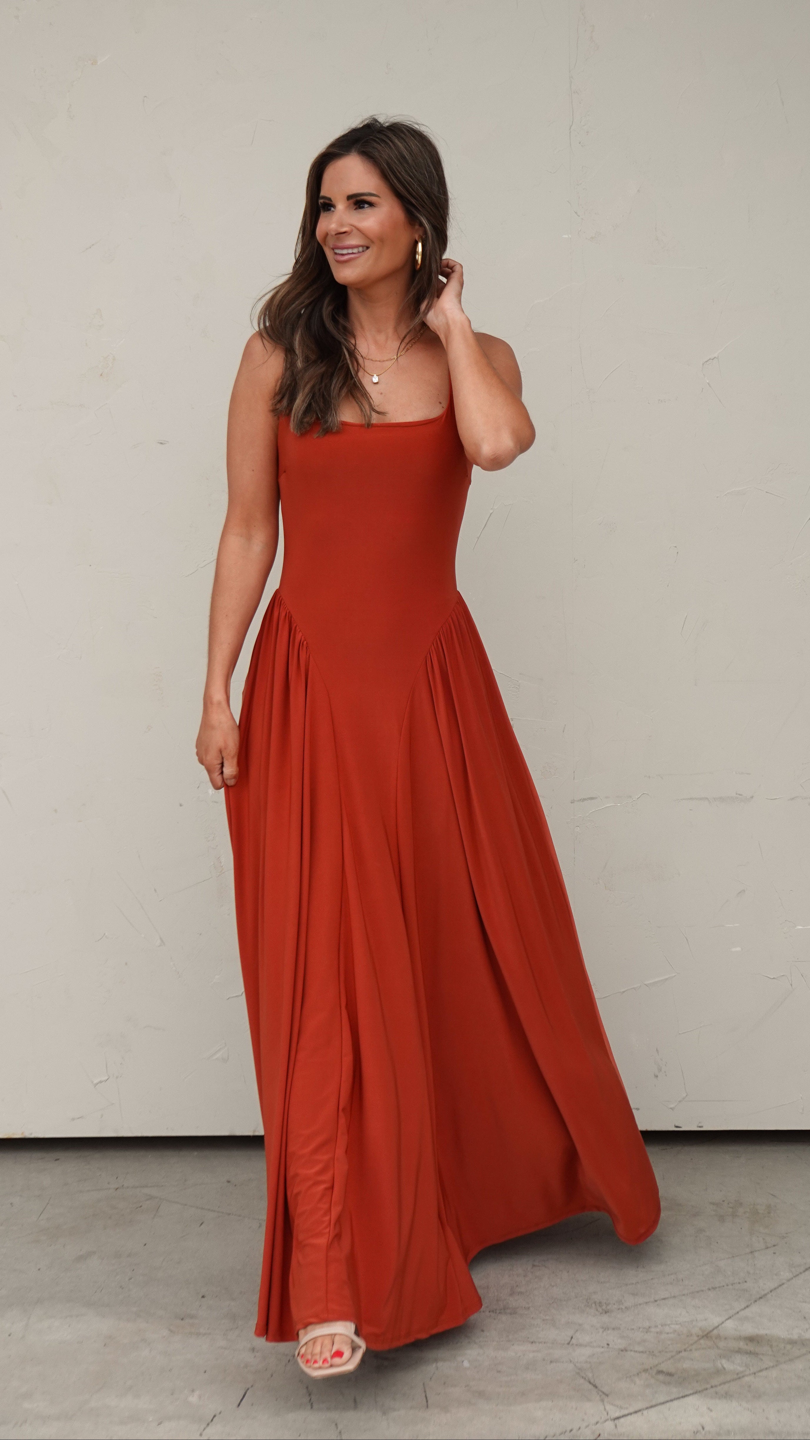 Rust Draped Maxi Dress | Elegant Women's Fashion by coolavocek
