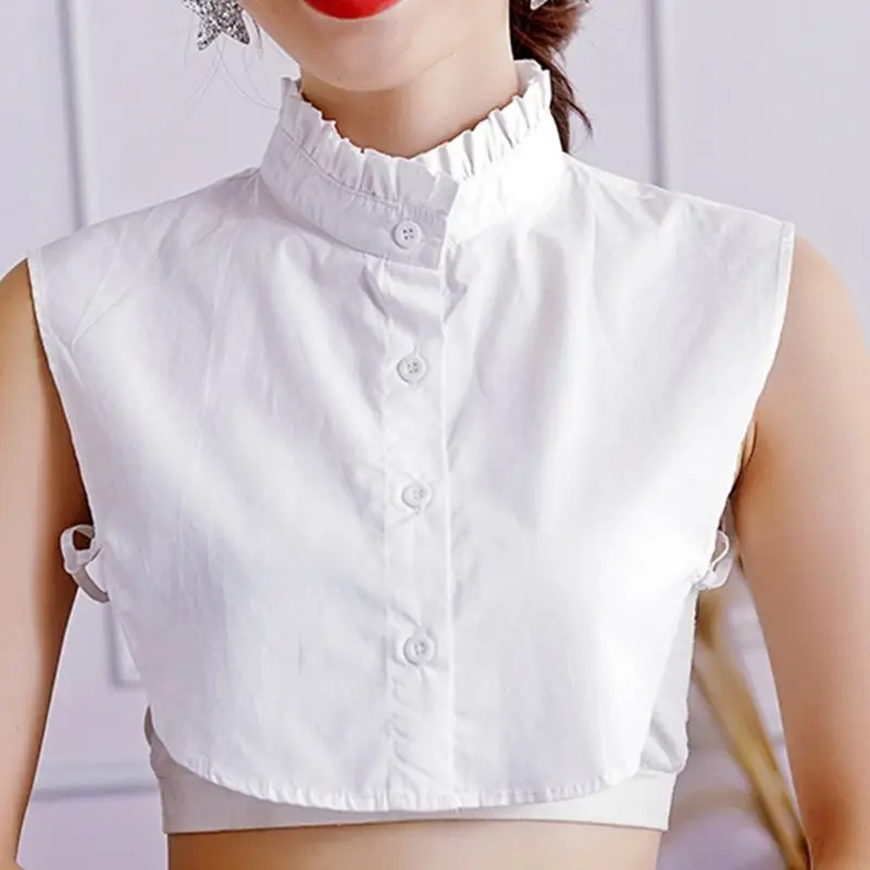 Womens Elegant Wrinkled Ruffles Fake Stand Collar Basic Layering Pure White Sweater Accessory Autumn Detachable Half-Shirt Blous
