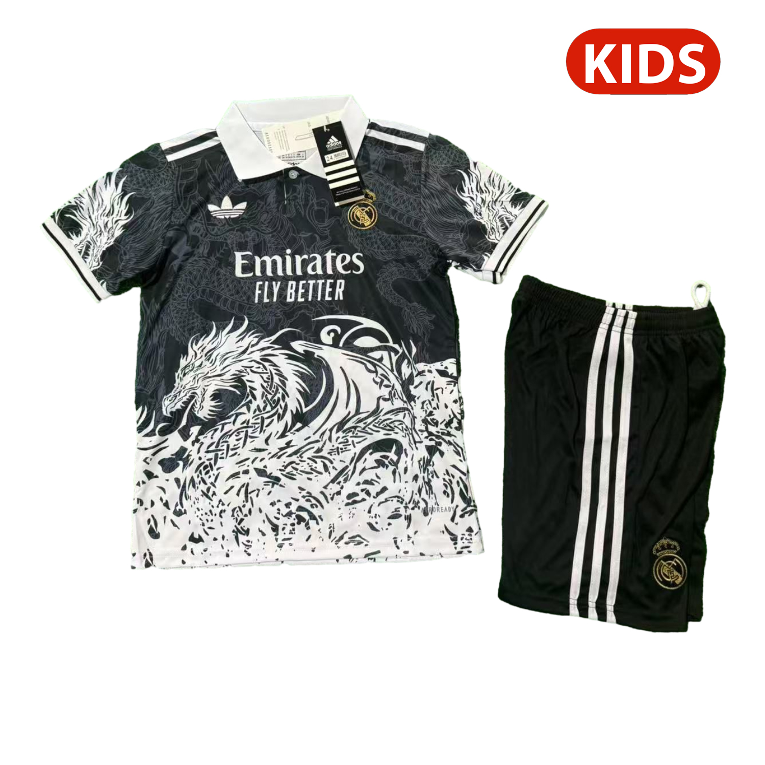 AlphaJersey-Real Madrid 25-26 White Fire Dragon Black Special Polo Kids Kit