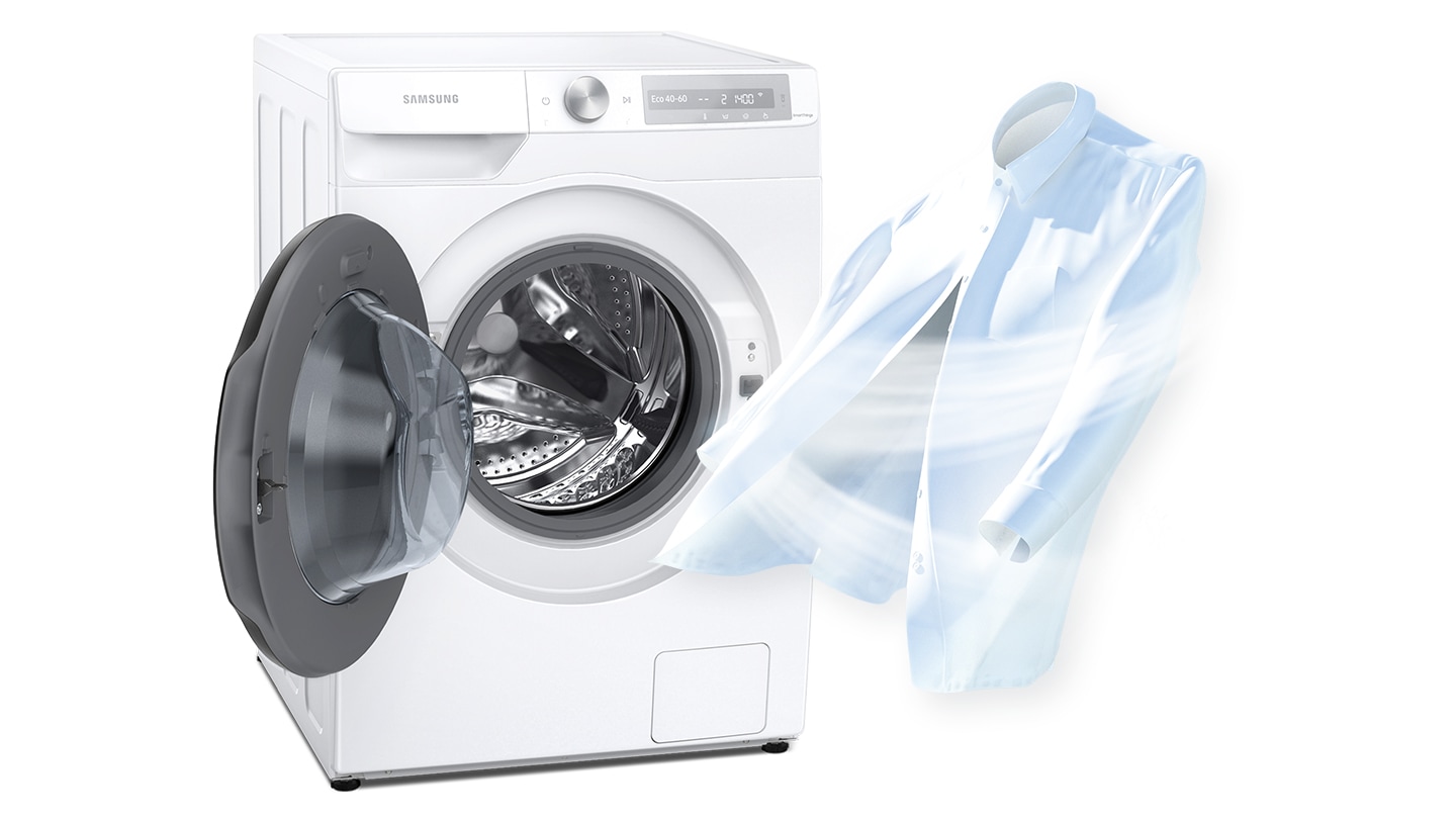 Check out WD90T634DBN/SP now. White shirt seen swayed out from open drum door of EcoBubble™, 9Kg, Washer Dryer, 4 Ticks
