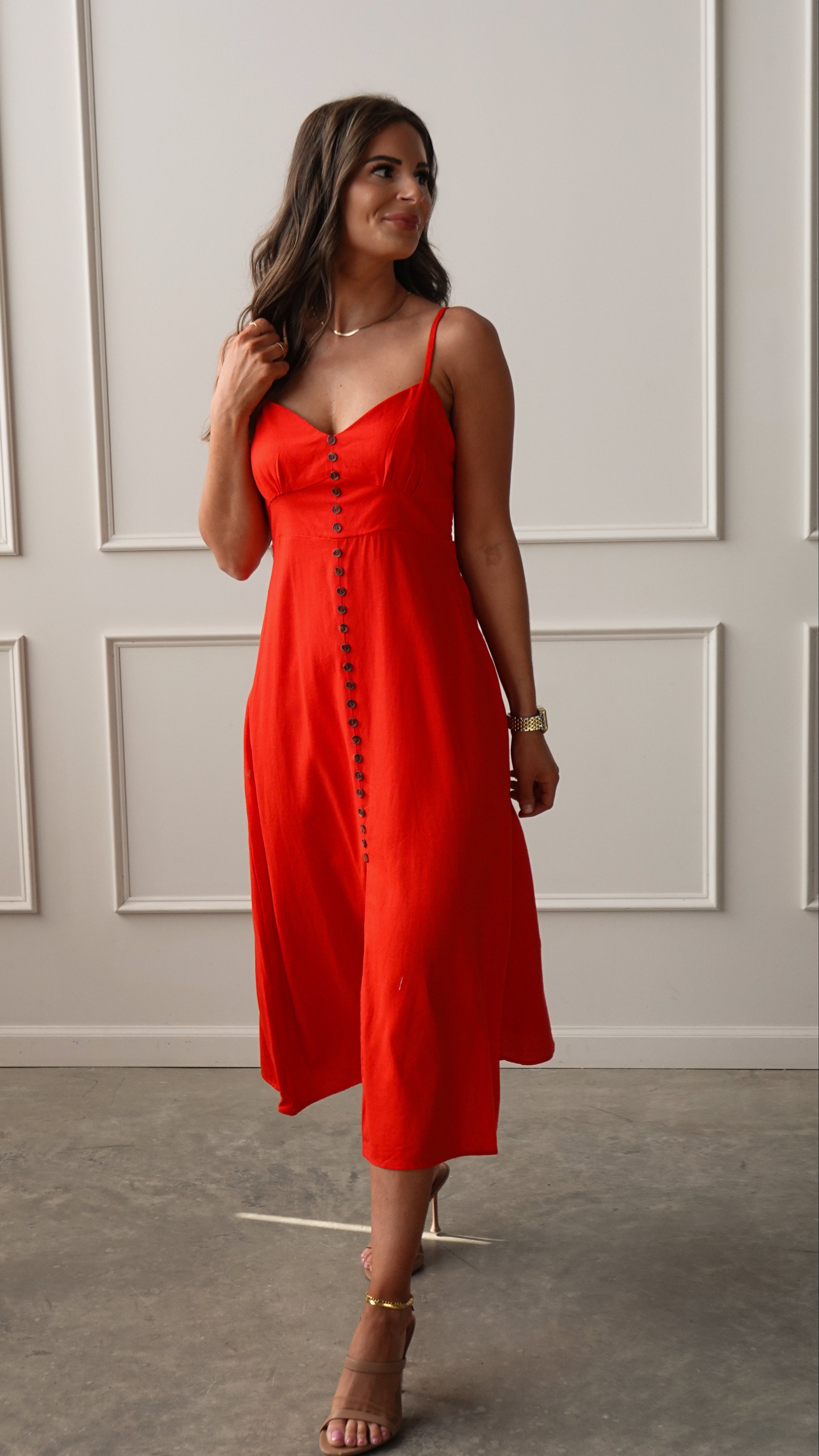 Red Midi Dress with Buttons | Elegant Women's Fashion by coolavocek