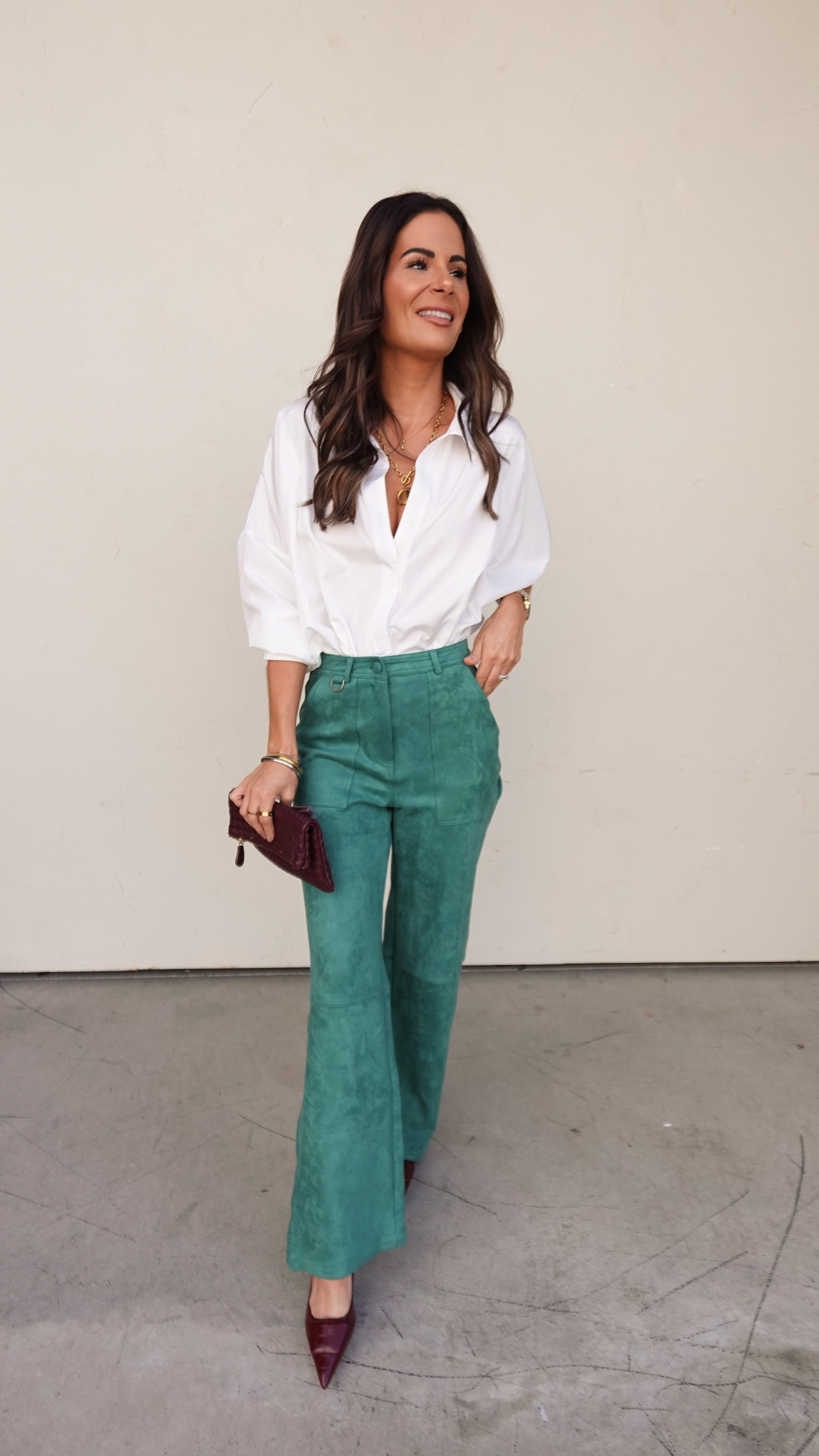 Green Suede Utility Pant | Elegant Women's Fashion by coolavocek