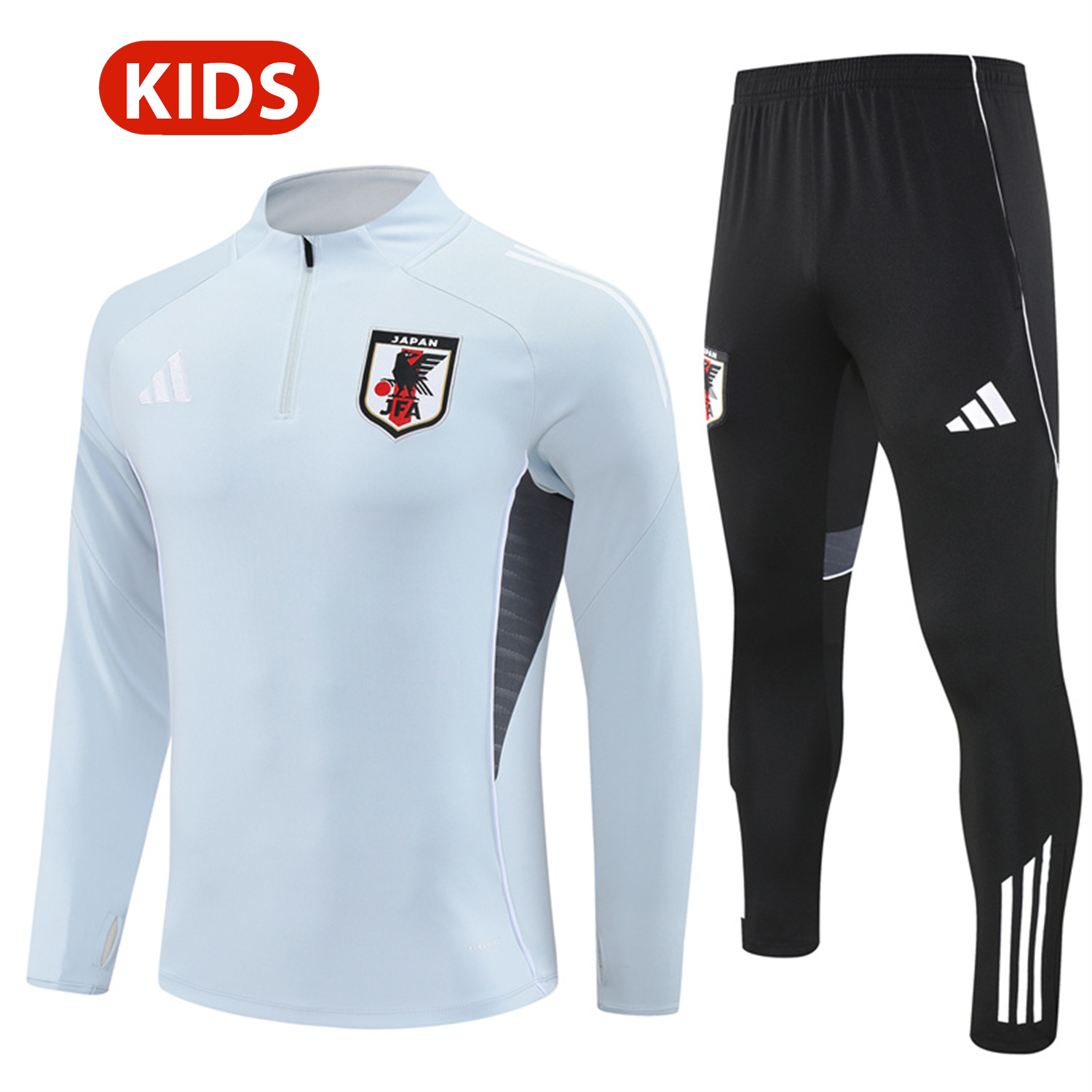 AlphaJersey-Japan 25-26 Kids Long Sleeve Training Set - Light Grey Top and Black Pants