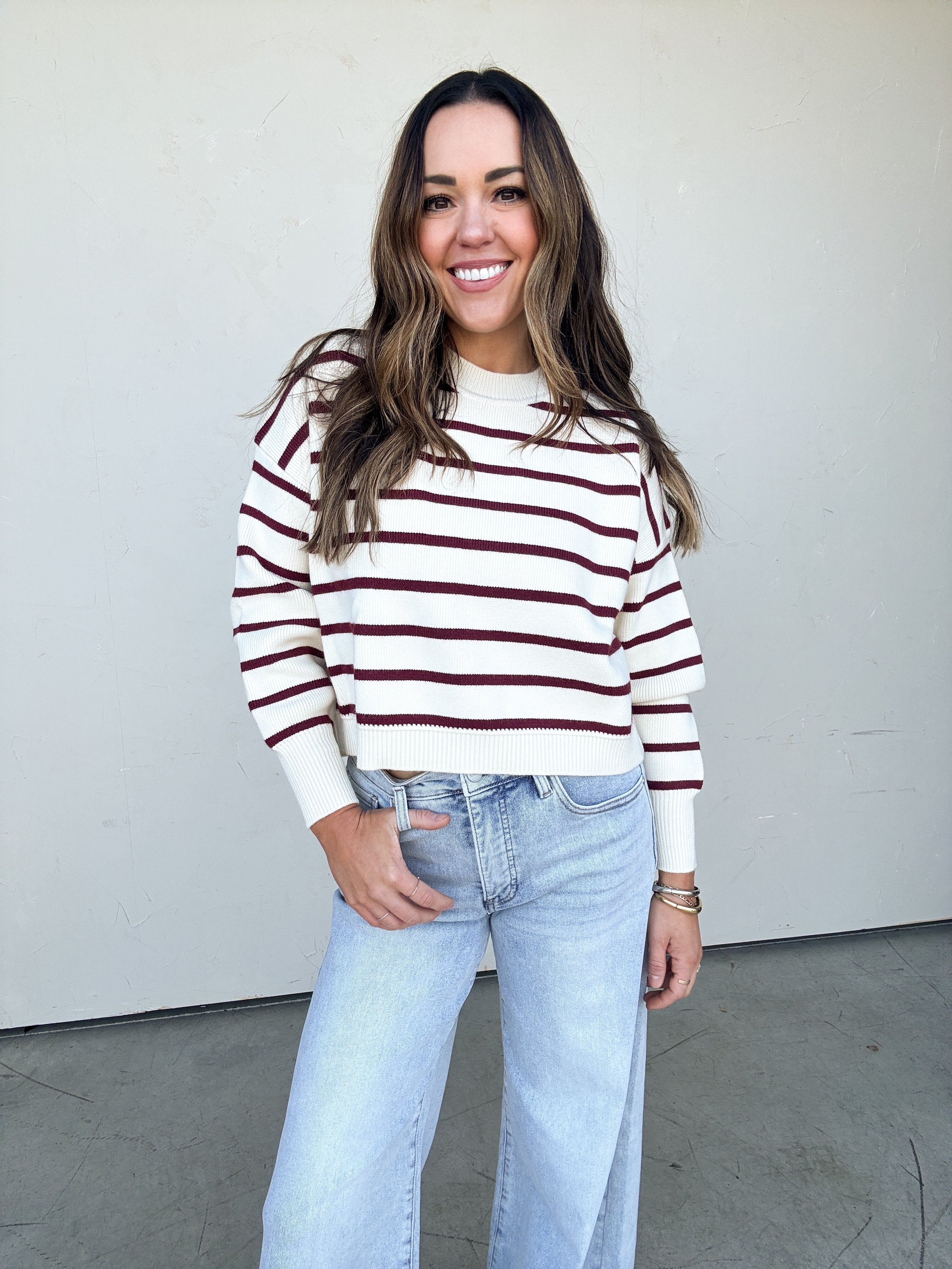Ivory/Burgundy Striped Sweater | Elegant Women's Fashion by coolavocek