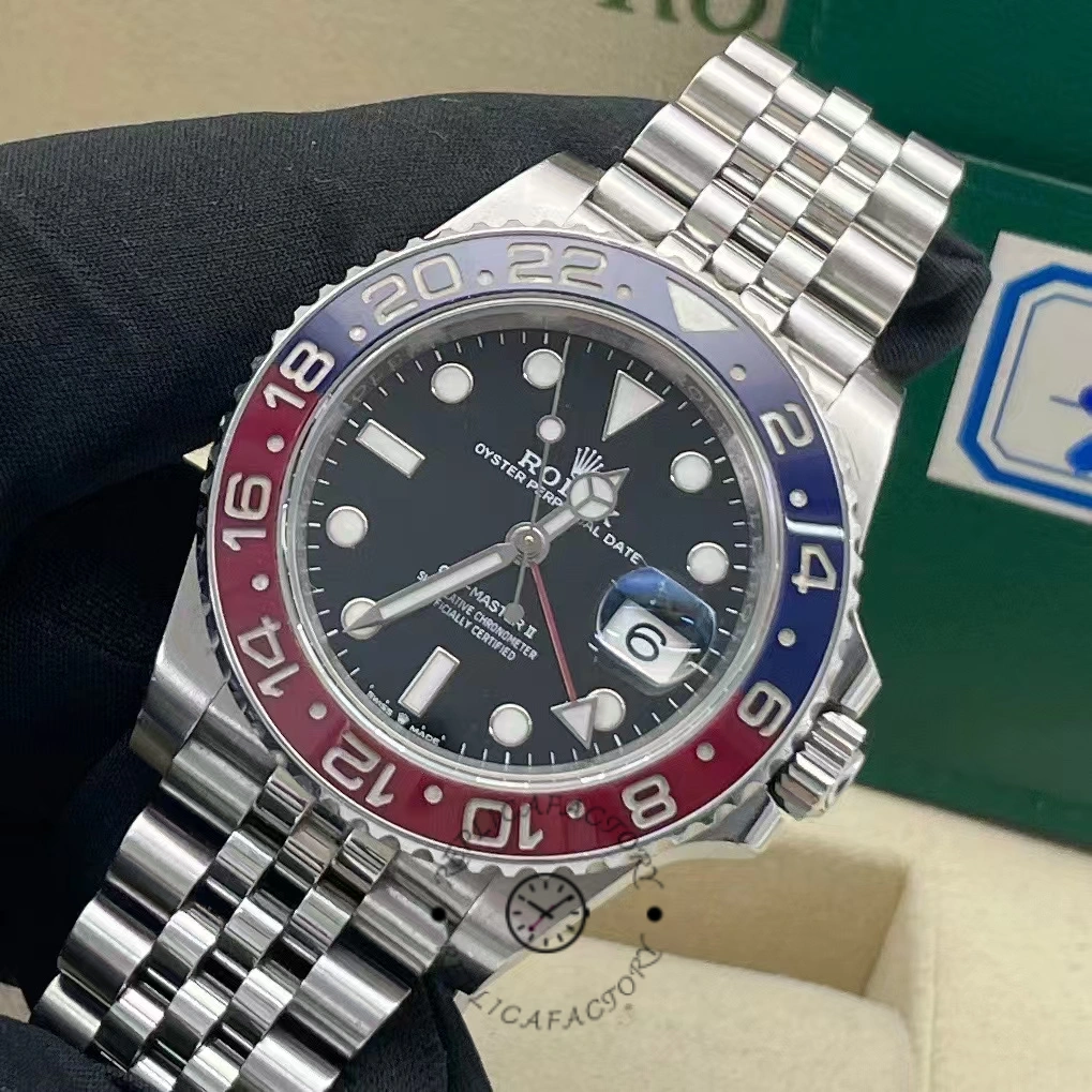 Close view of Rolex GMT-Master II 126710BLRO with red-blue bezel and date window at 3 o’clock.