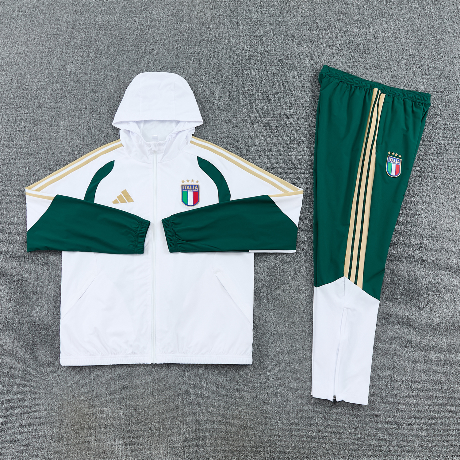 AlphaJersey-Italy 2026 Hooded Windbreaker Training Set - White Top & Green Pants
