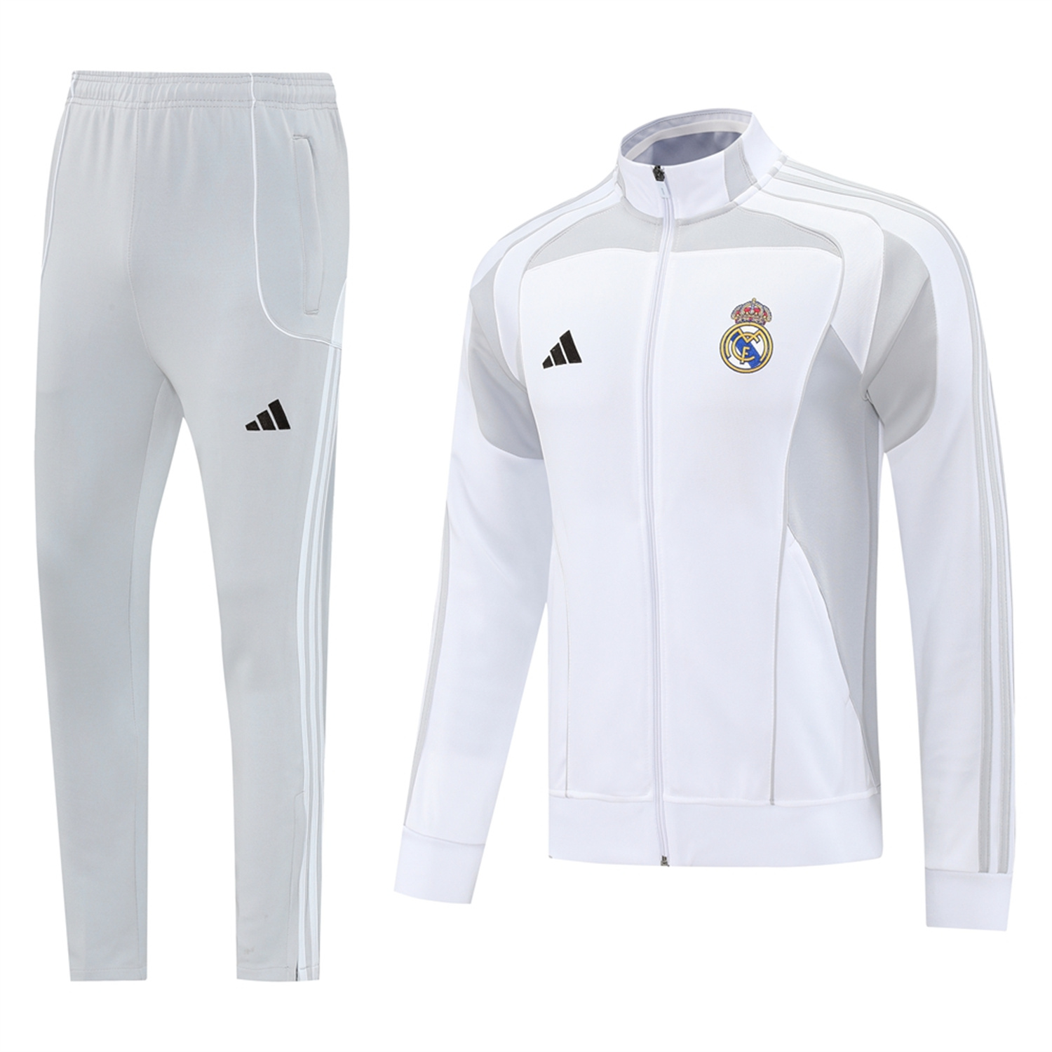 AlphaJersey-Real Madrid 25-26 Jacket Training Tracksuit - White Jackets & Light Grey Pants