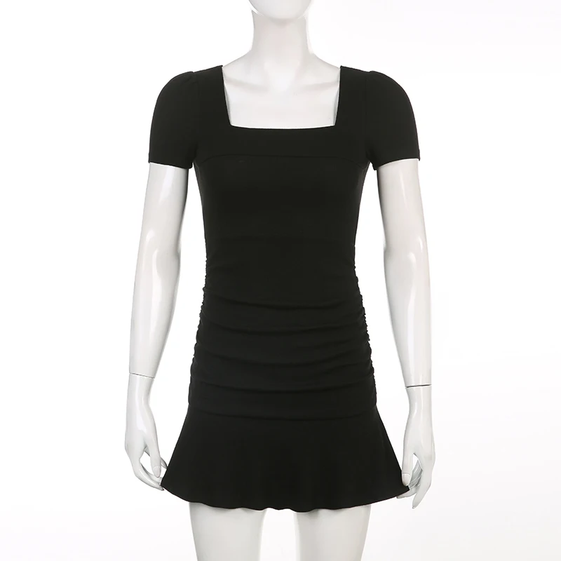 ZOKI Ruched Black Dress Women Square Collar Short Sleeve Slim Mini Dress Summer Korean Fashion Folds Ruffles Bodycon Sundress
