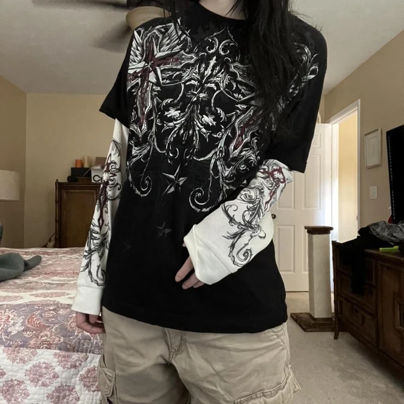 E-girl Gothic Grpahics Print T Shirt Vintage Grunge Mall Goth Pullovers Top Patchwork Long Sleeve Tees Y2K Dark Academia Clothes