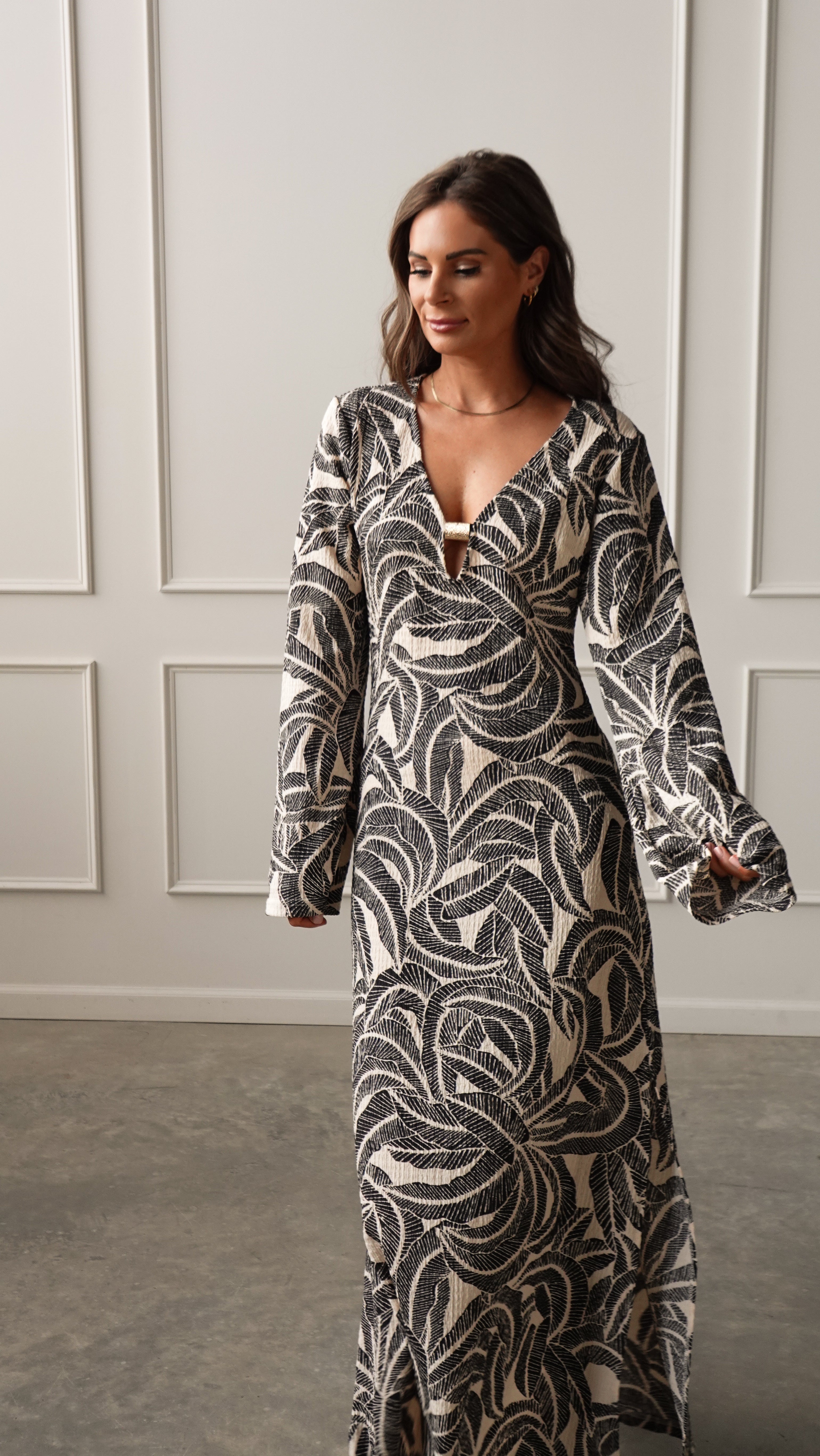 Midnight Palm Long Sleeve Dress | Elegant Women's Fashion by coolavocek