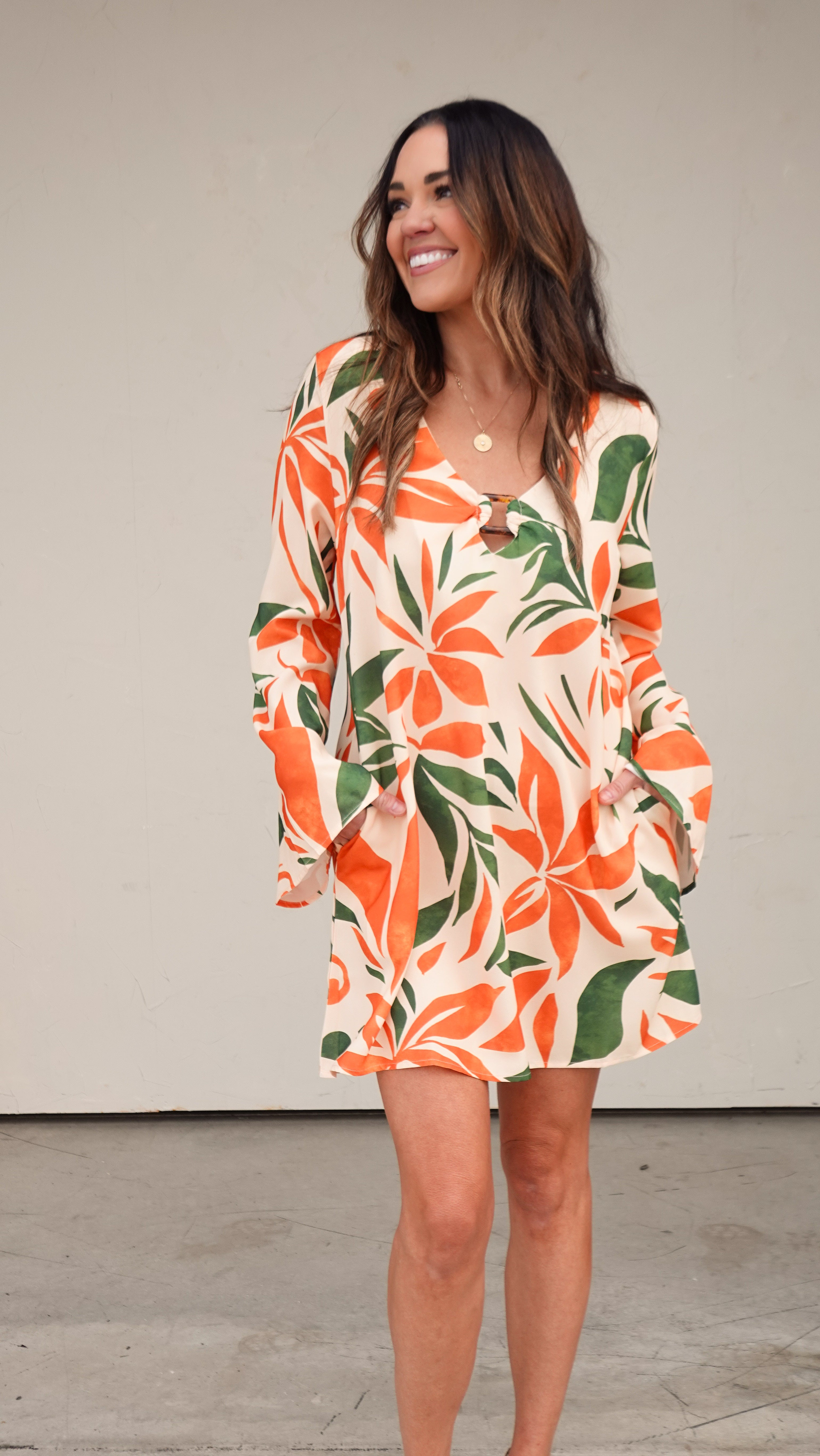 Orange/Green Botanical Long Sleeve Dress | Elegant Women's Fashion by coolavocek