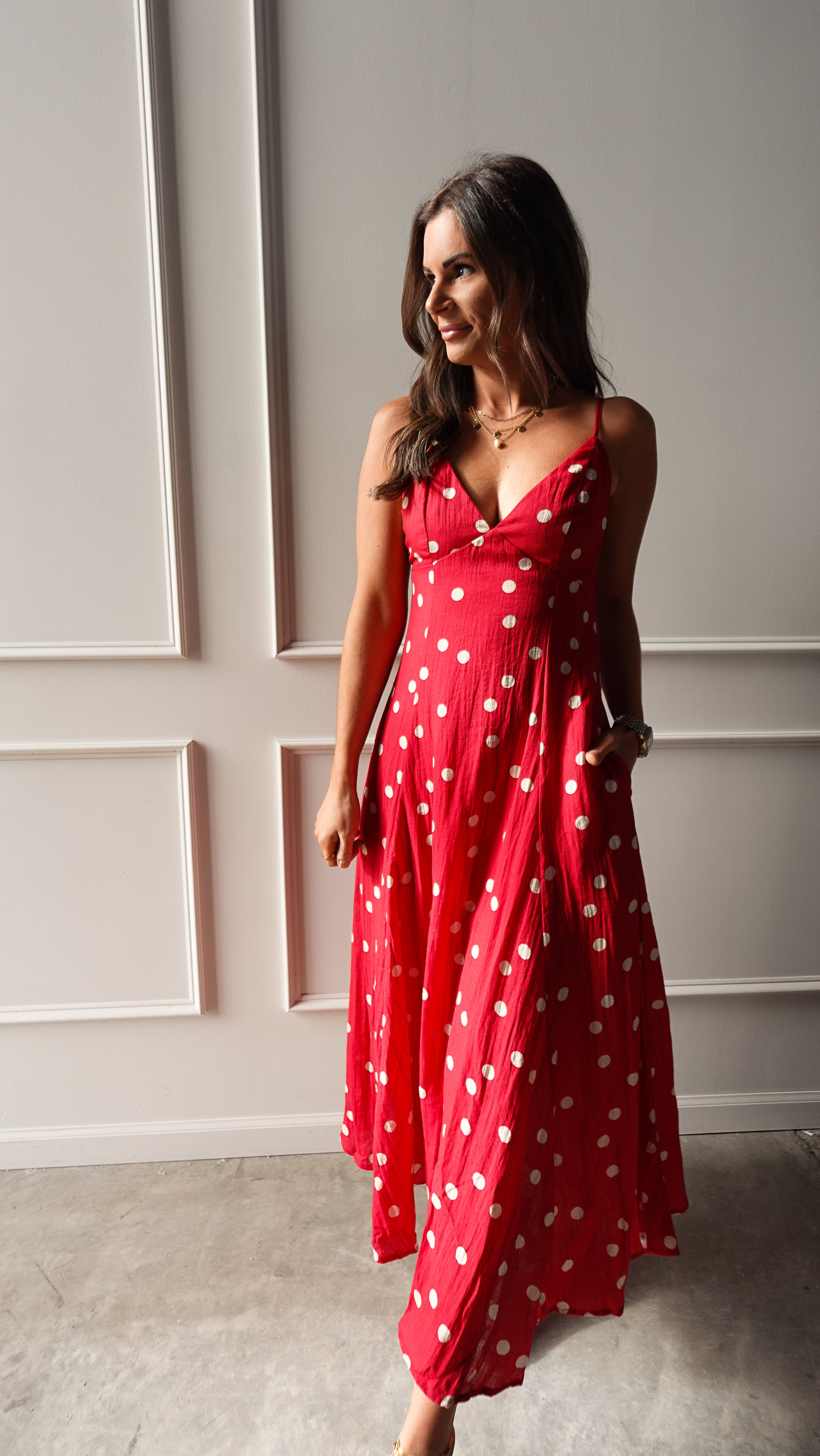 Red Polka Dot Linen Dress | Elegant Women's Fashion by coolavocek