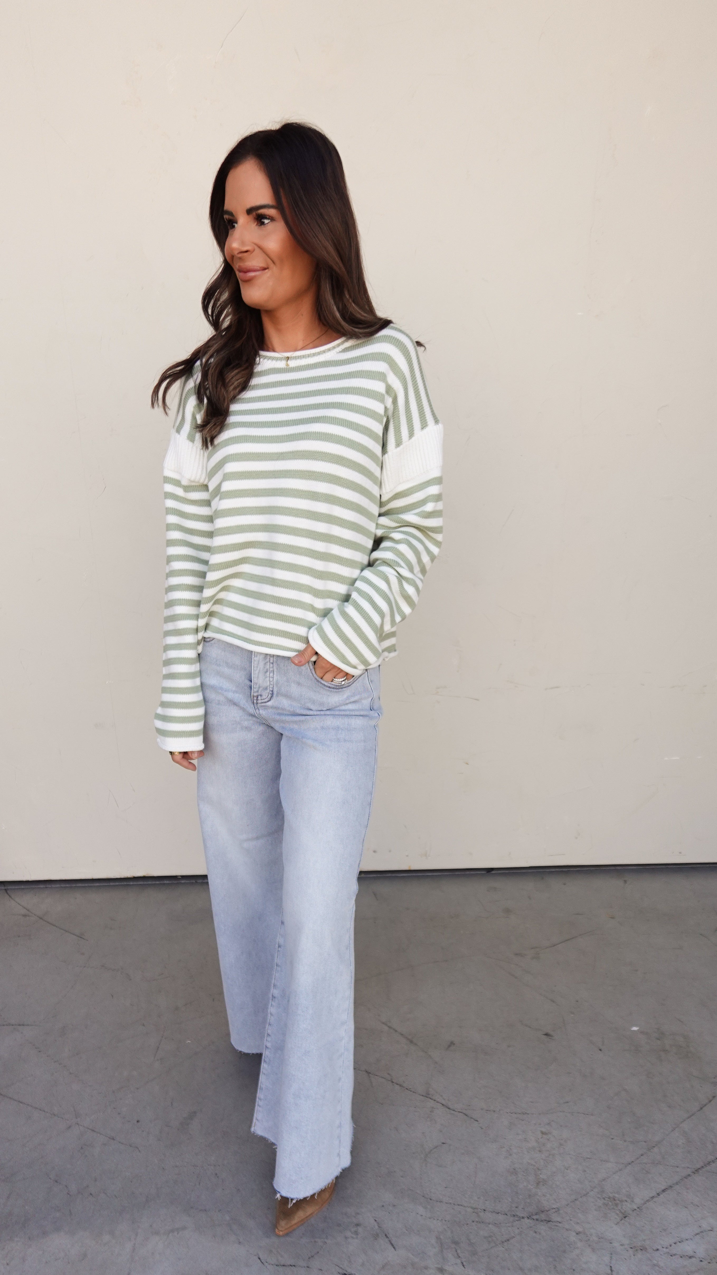 Matcha Striped Rolled-Hem Sweater | Elegant Women's Fashion by coolavocek