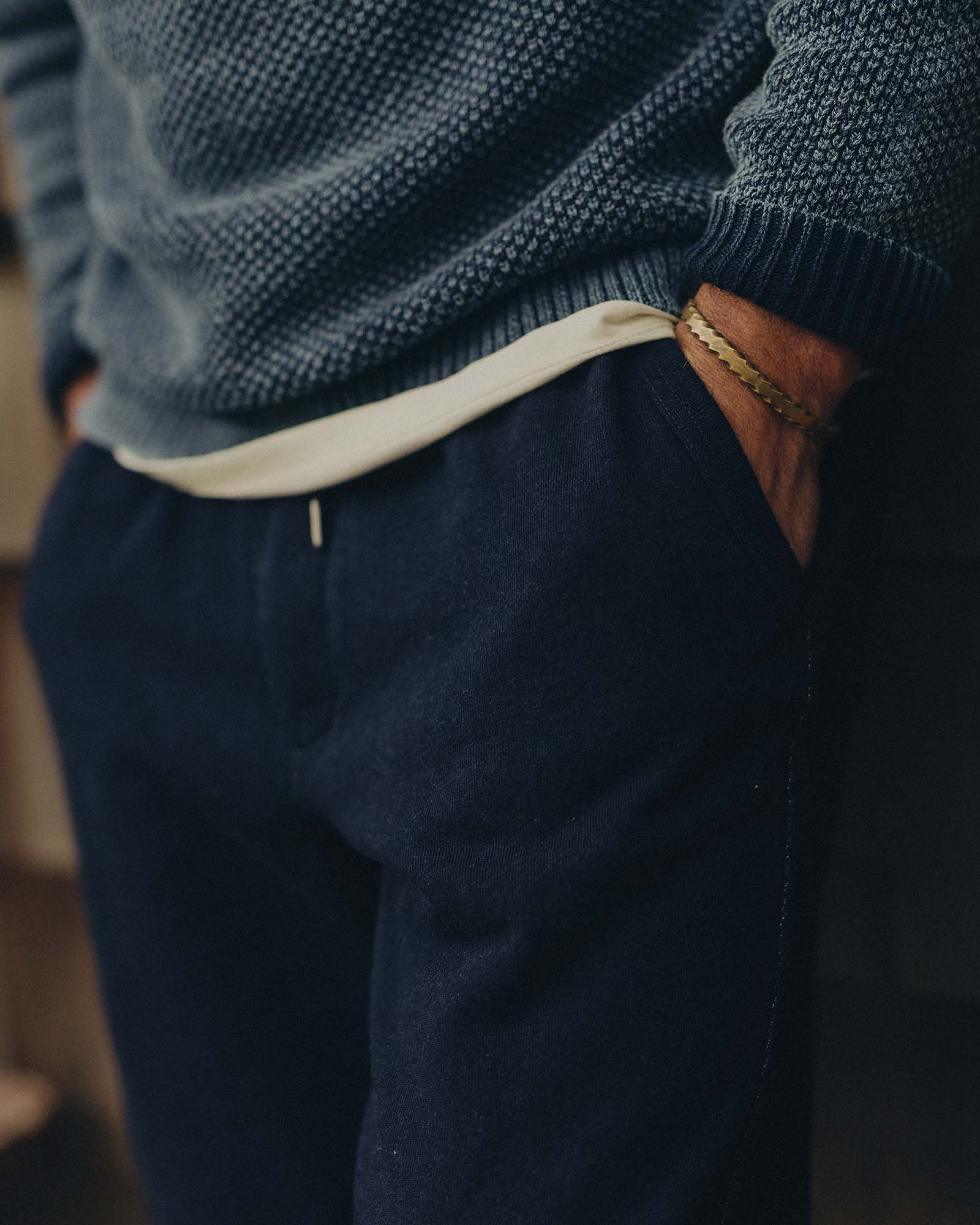 The Sunset Pant in Rinsed Indigo Terry | Modern Menswear by yycbvcnbmmnbm
